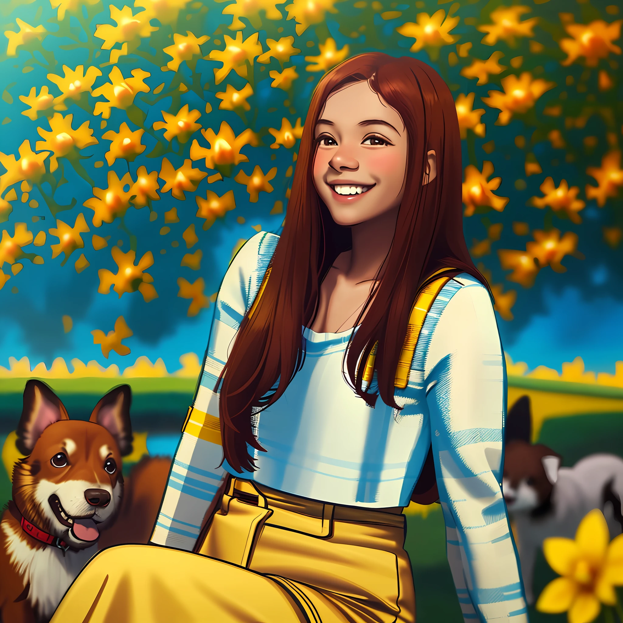 An incredibly charming little girl carrying a backpack, smiling brown skin, with dark red hair, accompanied by her adorable puppy, enjoying a beautiful spring walk surrounded by beautiful yellow flowers and natural landscapes. The illustration is in high definition in 4k resolution, with highly detailed facial features and cartoon-style visuals, (Butterfly Dance)
