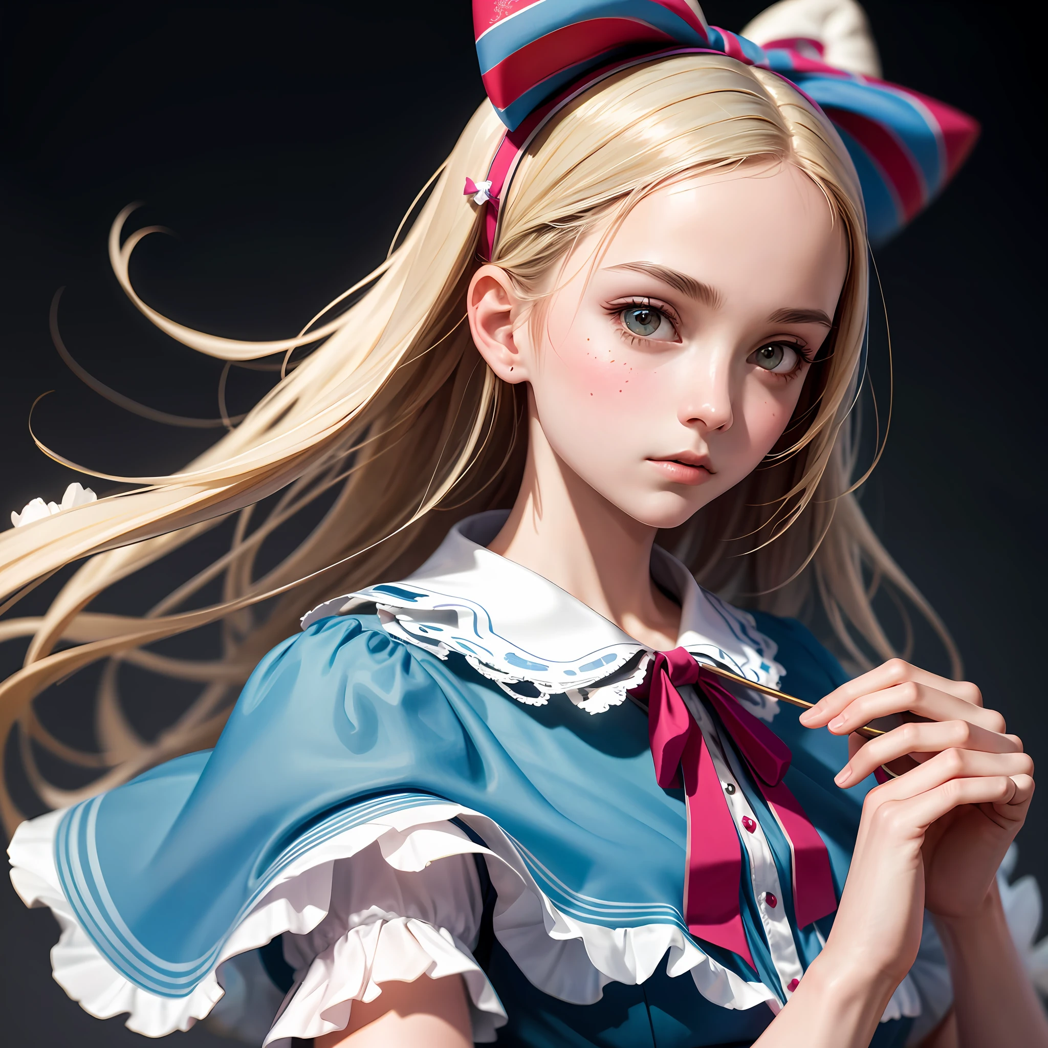 1girl, masterpiece, best quality, 8k, detailed skin texture, detailed cloth texture, beautiful detailed face, intricate details, ultra detailed, Alice in Wonderland, (a bow on her head:1.1), upper body