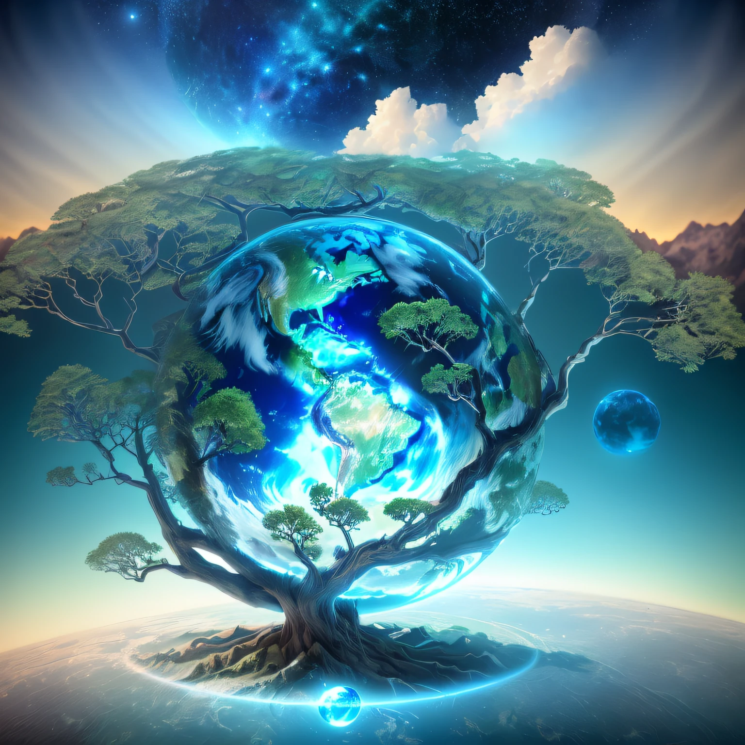 (((A branch shaped like a human hand holding the planet earth))), (((Spherical planet Earth, optics, surreal, magic, fantasy, composition, bright, fluorescence, ultra-detaile, octane rendering,))), plants , flowers, blue, green, transparent, white background, center composition, super high detail, 4k, 3d, blender, masterpiece, super detail, best quality