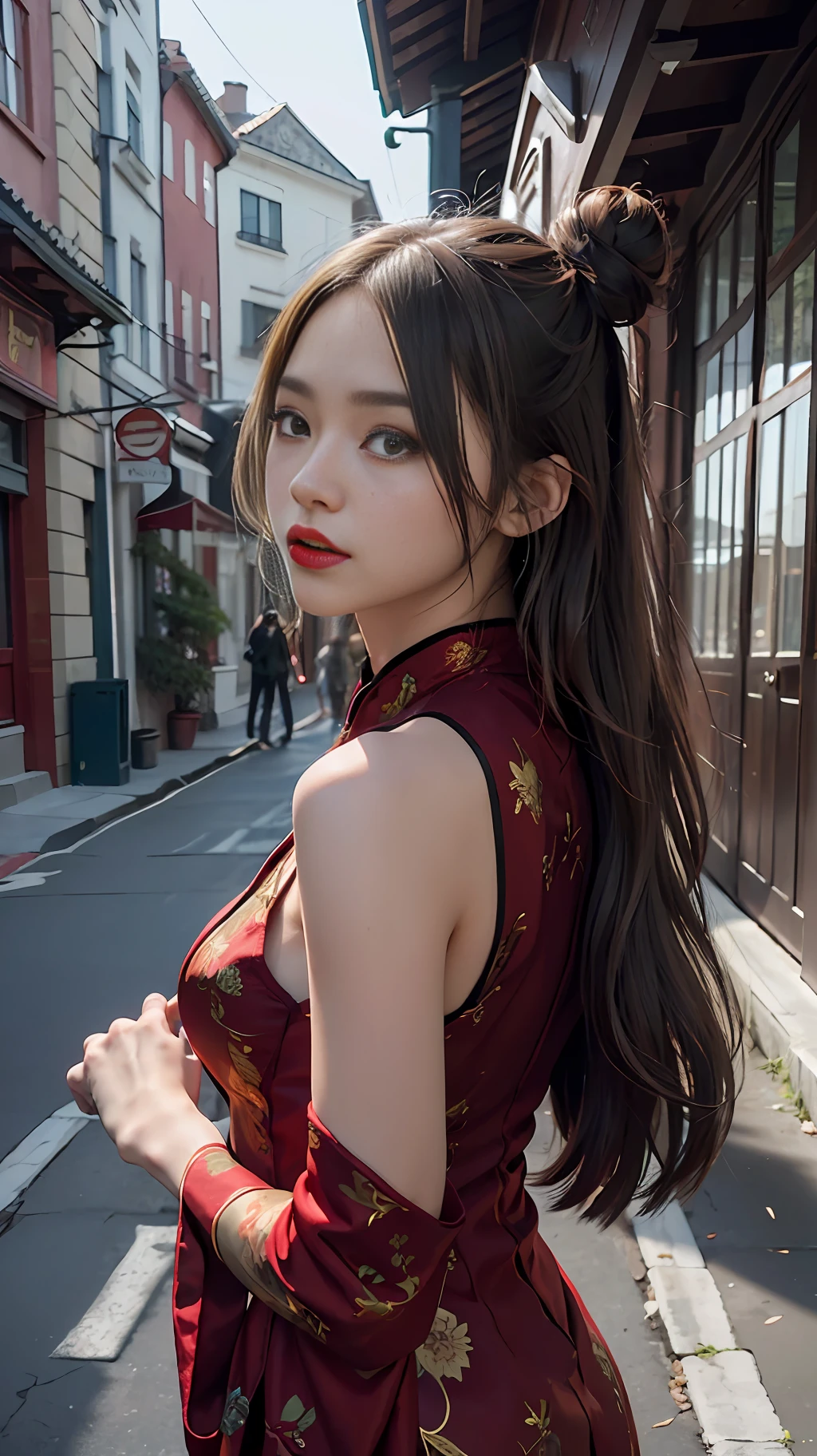 (black printed porcelain dress), 1 girl, (Long hair: 1.1), (Behind arm: 1.1), (Realistic: 1.7), (Best Quality)), Ridiculous, (Ultra High Resolution), (Realistic: 1.6), Realistic, Octane Rendering, (Surreal: 1.2), (Realistic Face: 1.2), (8K), (4K), (Masterpiece), (Realistic Skin Texture), (Illustration, Movie Lighting, Wallpaper), (Beautiful Eyes: 1.2), (Perfect Face))), (Cute), (Standing), (Brunetette), (Long Hair), Black Eyes, Red Lips, (Outdoor), black high heels, cheongsam, fishnet stockings