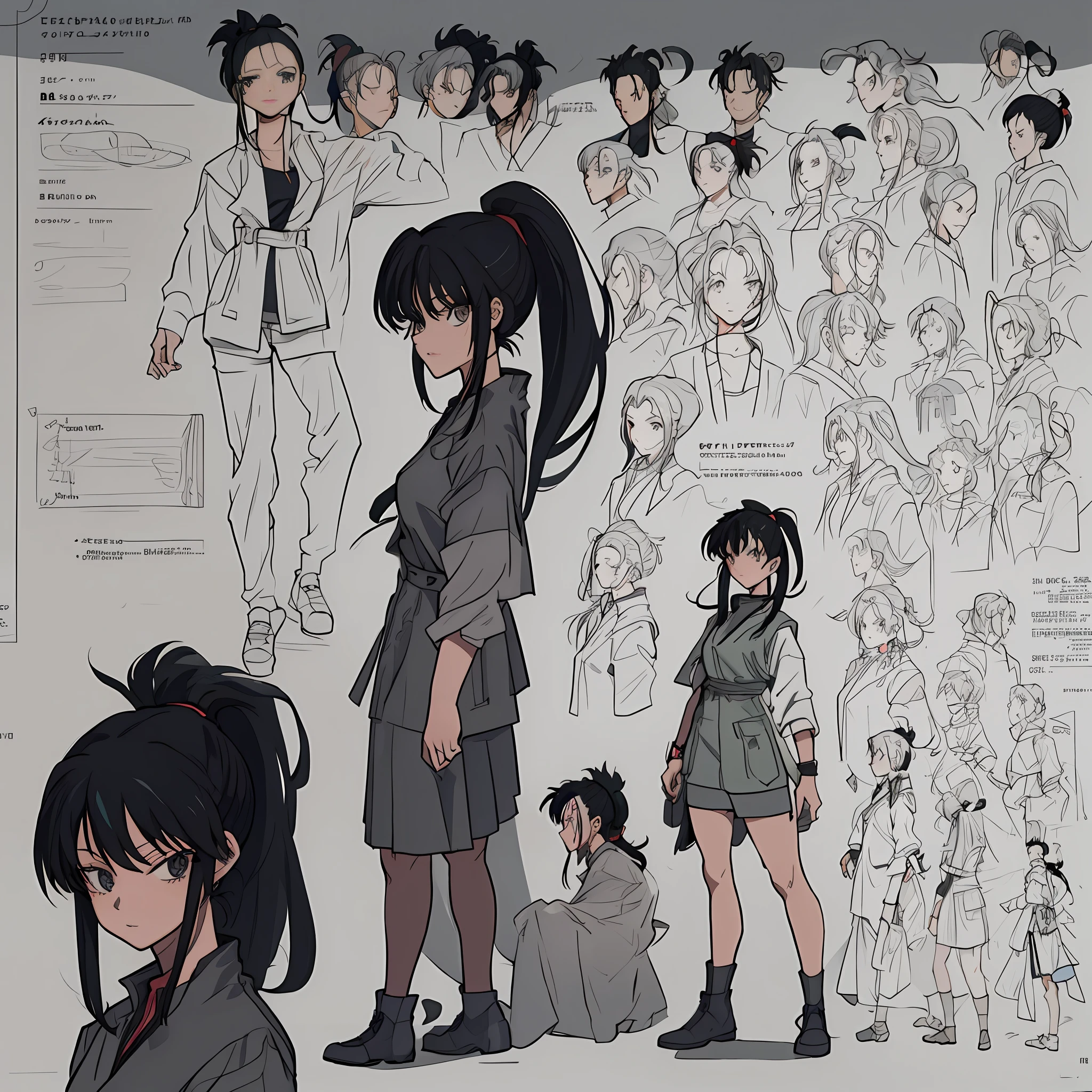 (Masterpiece), (Best Quality), (Super Detail),(Illustration), Character Sheet, Female, Black Hair, Ponytail Hair, by Yoshihiro Togashi