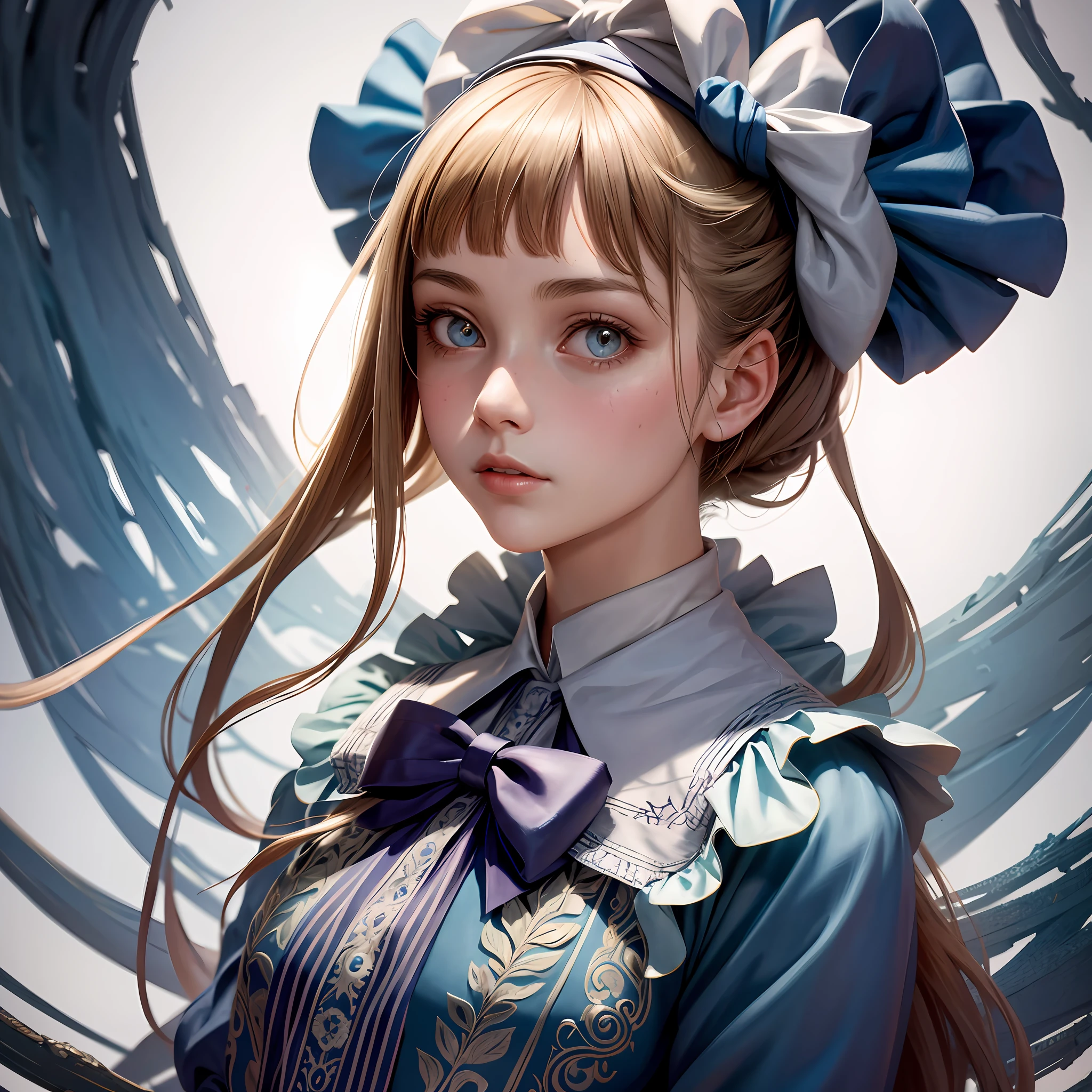 1girl, masterpiece, best quality, 8k, detailed skin texture, detailed cloth texture, beautiful detailed face, intricate details, ultra detailed, Alice in Wonderland, (a bow on her head:1.1), upper body