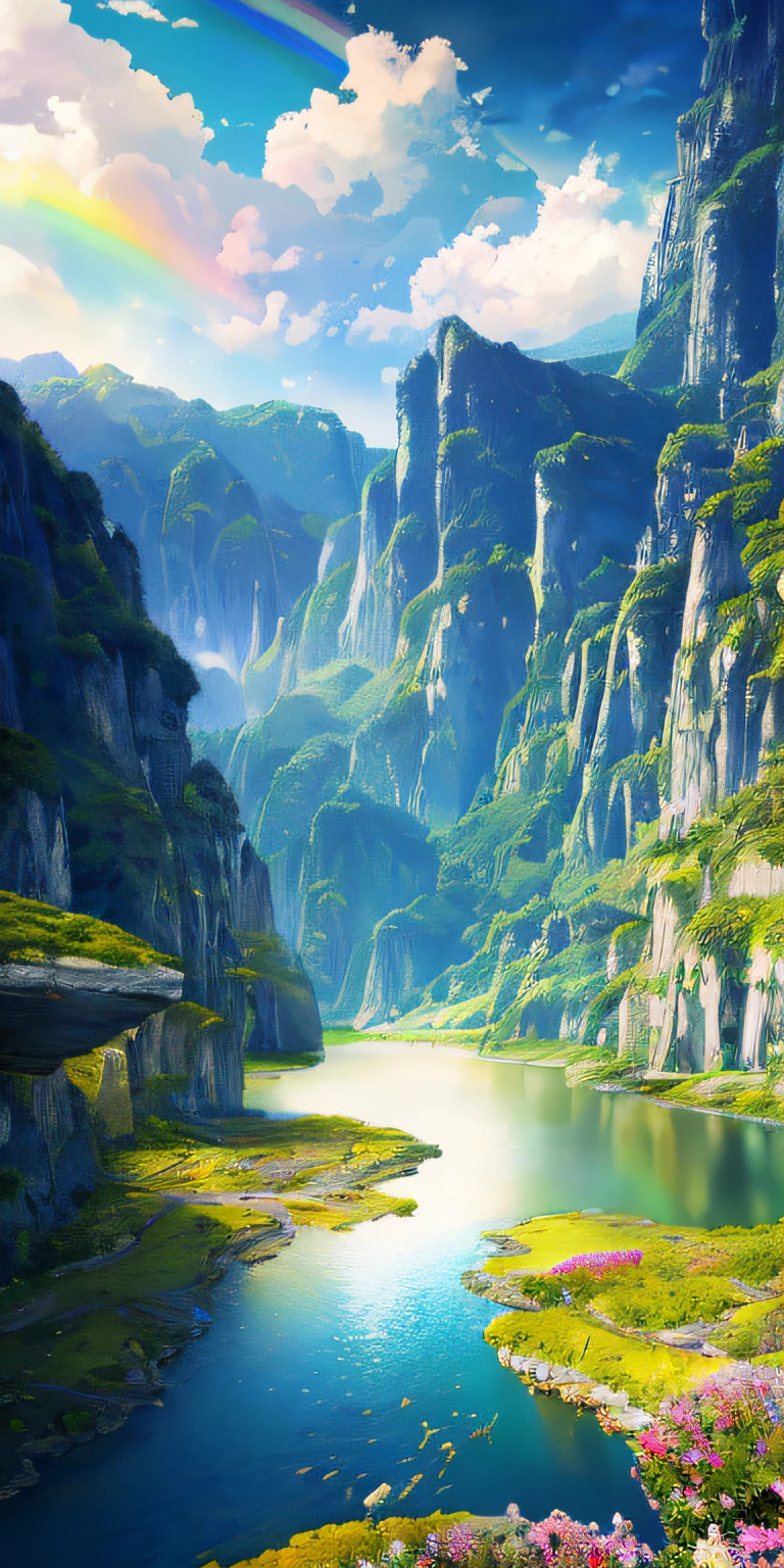there is a beautiful mountain scene with a rainbow in the sky, impressive fantasy landscape, anime nature, detailed scenery —width 672, majestic nature scenery, anime landscape wallpaper, epic beautiful landscape, epic dreamlike fantasy landscape, anime landscape, amazing landscape, most epic landscape, anime nature wallpap, made of tree and fantasy valley, detailed scenery