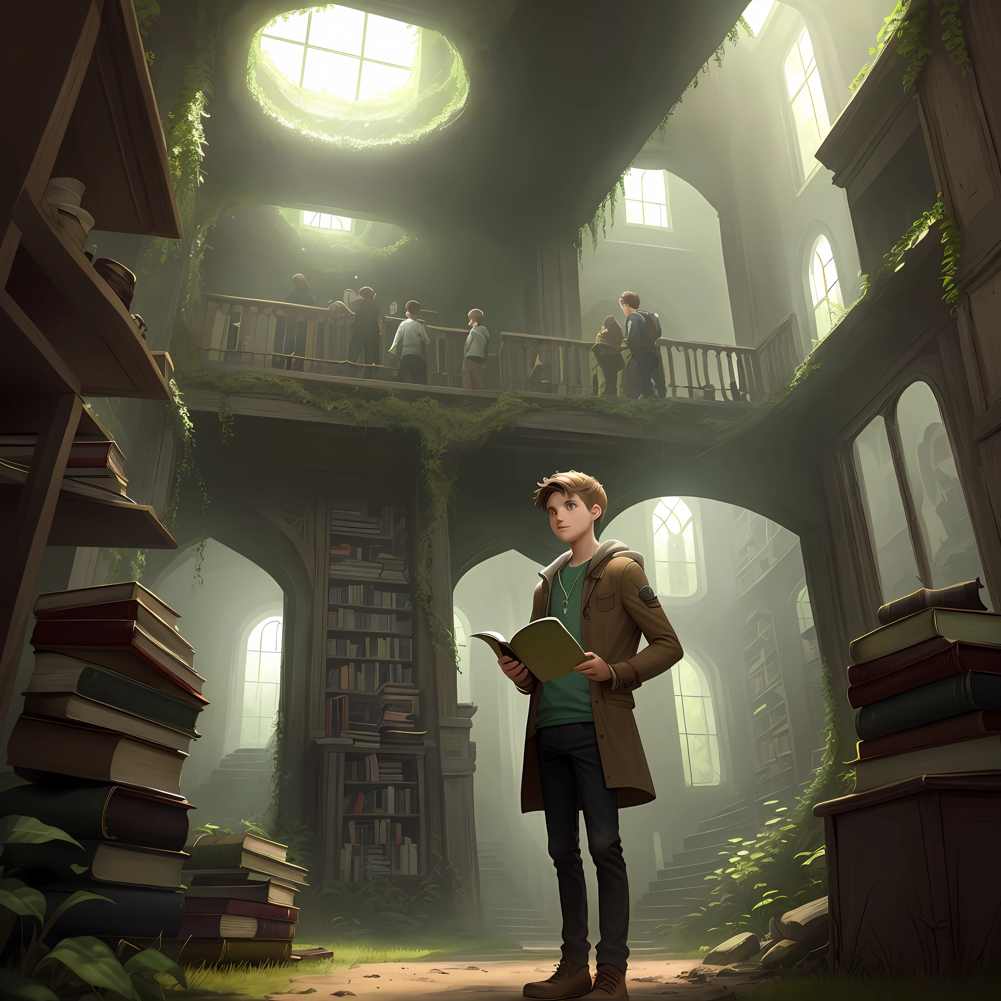 Chapter 1: The Discovery of the Portal
Once upon a time, in a small town called Green Village, there was a young man named Luke. Lucas was a curious and adventurous at heart, always in search of thrills and mysteries. One day, while exploring an old abandoned library, he found a dusty book hidden on a secret shelf.