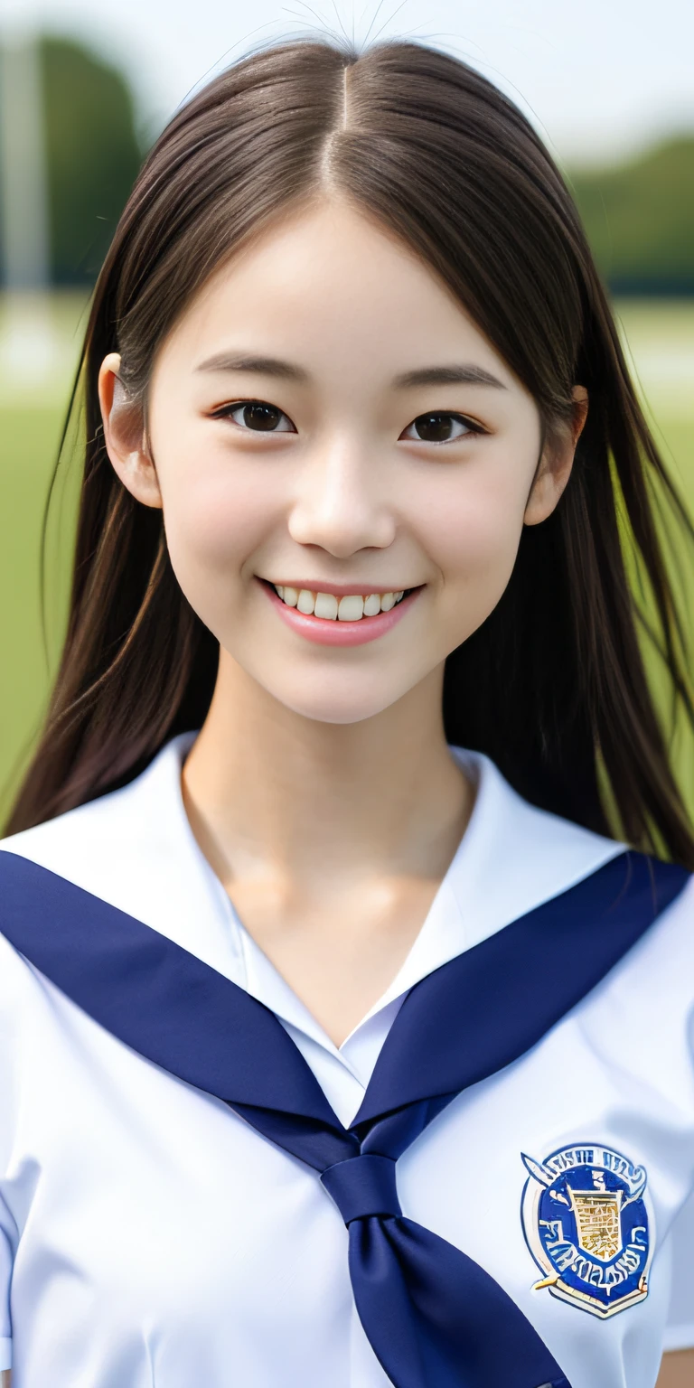 neat college girl, petite, sailor suit, school uniform, outside the athletic field, (slim, small, flat, small), photorealistic, detail, skin texture, ultra detail, delicate and sexy collarbone, smile, super detailed face, detailed lips, detailed eyes, double eyelids