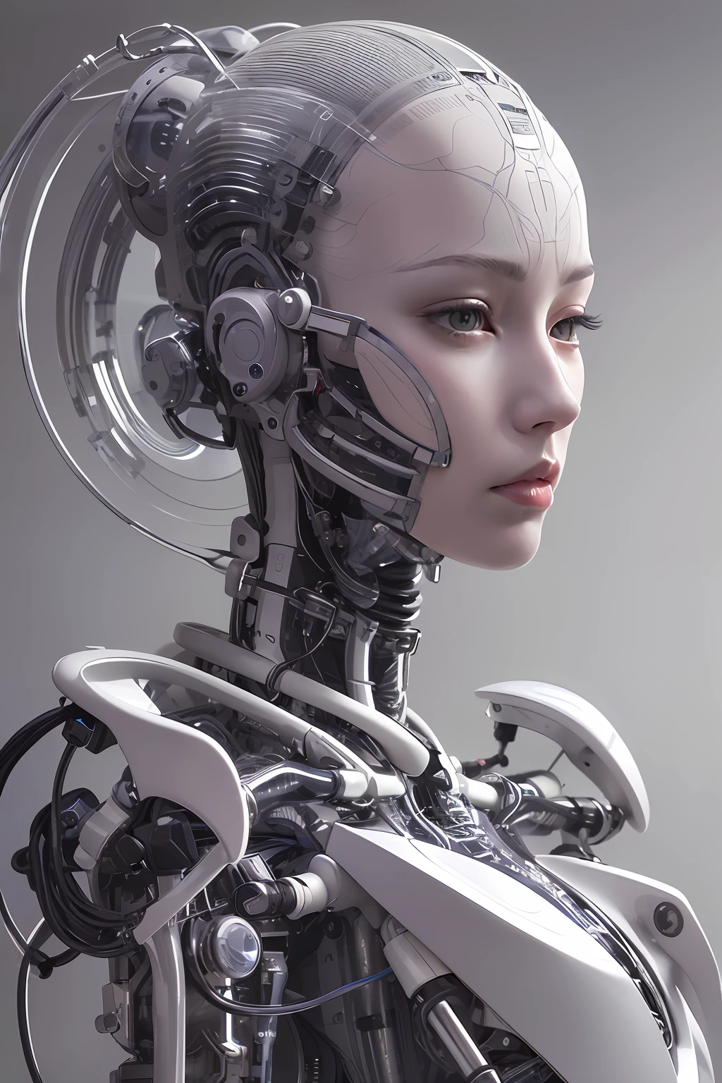 a close up of a woman with a robot head and a robotic body, beutiful white girl cyborg, beutiful girl cyborg, perfect cyborg female, portrait of a futuristic robot, an image of a beautiful cyborg, cyborg - girl, beautiful female android, beautiful cyborg girl, cybernetic machine female face, portrait of a female android, cybernetic and highly detailed