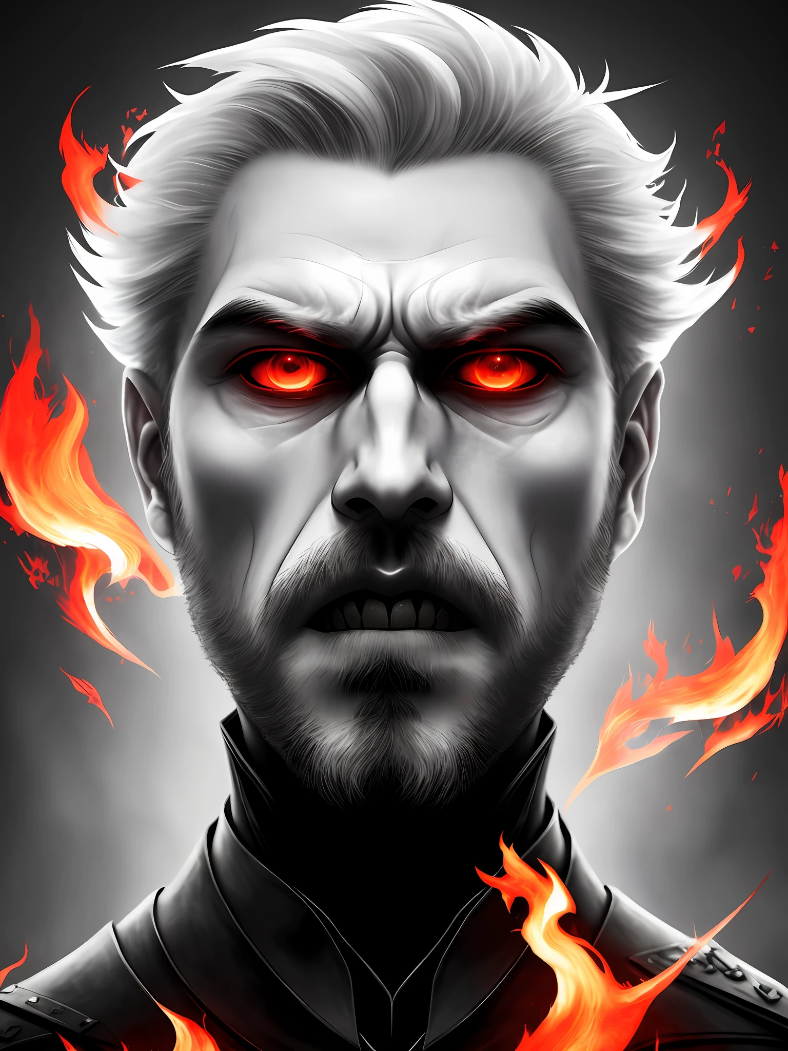 Man face, frontal image, centered, pale face, aquiline nose, half-open red lips, sharp white teeth, flame-red eyes, majestic and otherworldly, sinister atmosphere and dark monochromatic tones. --Fantasy style --