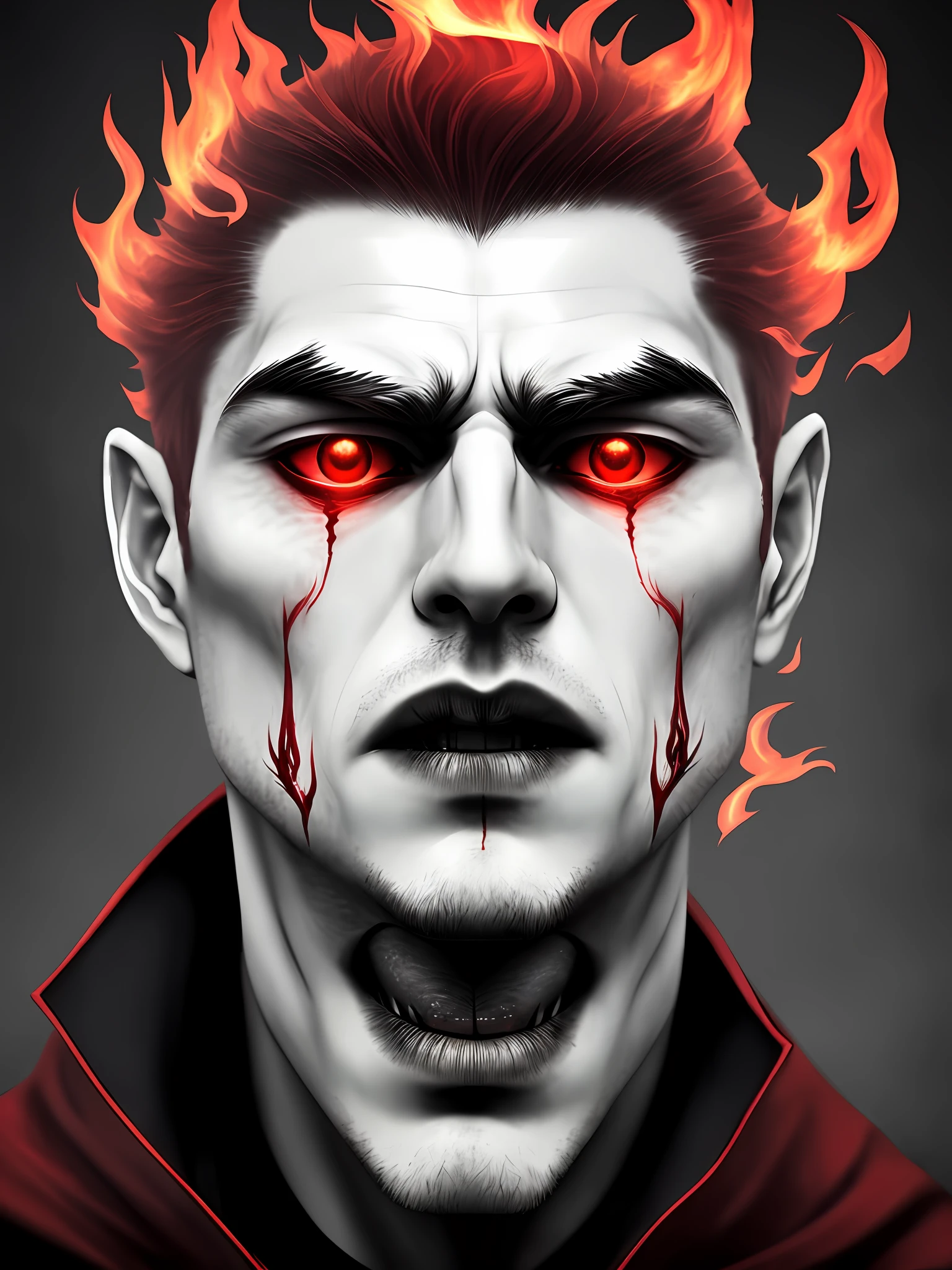 Man face, frontal image, centered, pale face, aquiline nose, half-open red lips, sharp white teeth, flame-red eyes, majestic and otherworldly, sinister atmosphere and dark monochromatic tones. --Fantasy style --