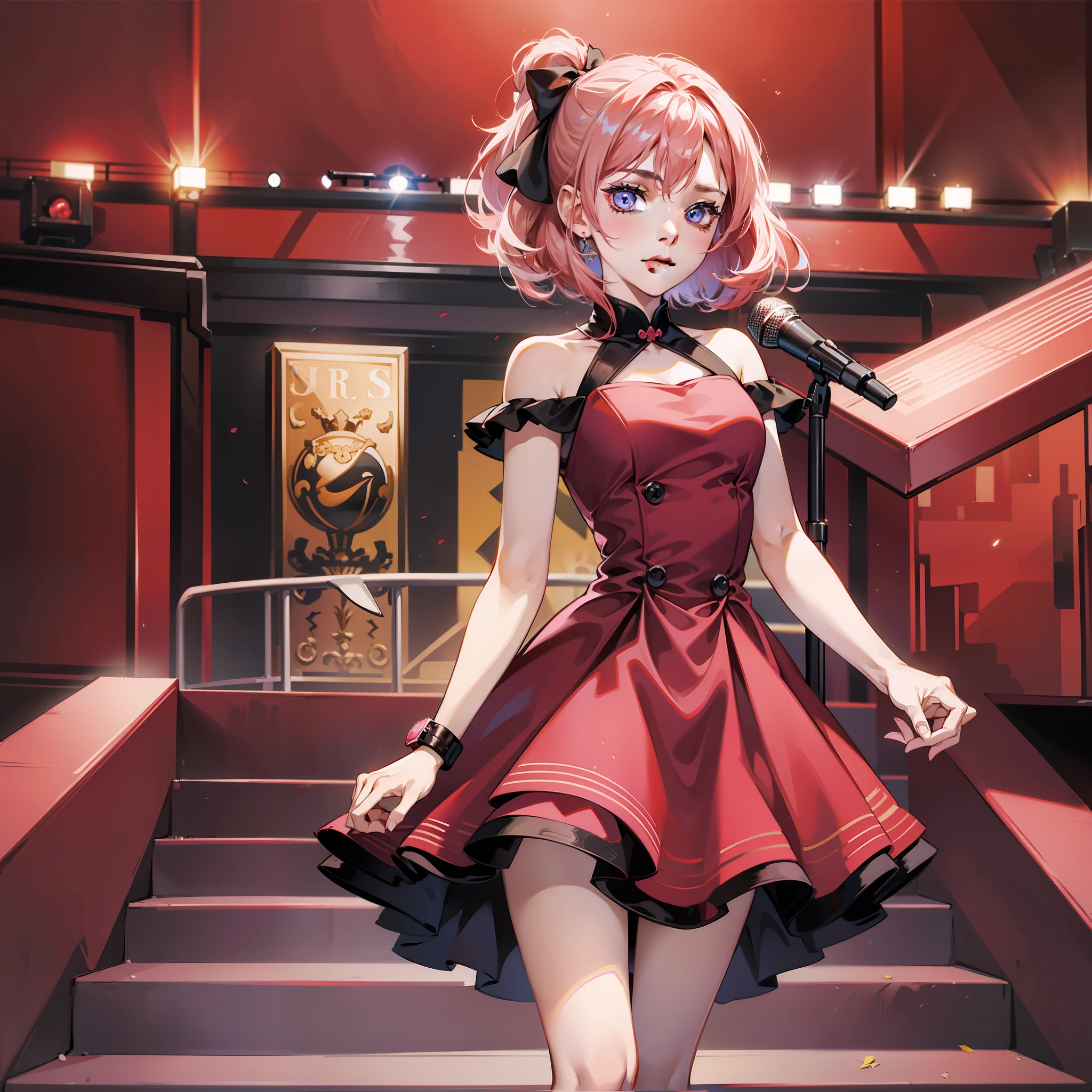 Girl, fine eyes, wearing red dress, stage staircase background, pink hair, vista, speech movements, holding microphone