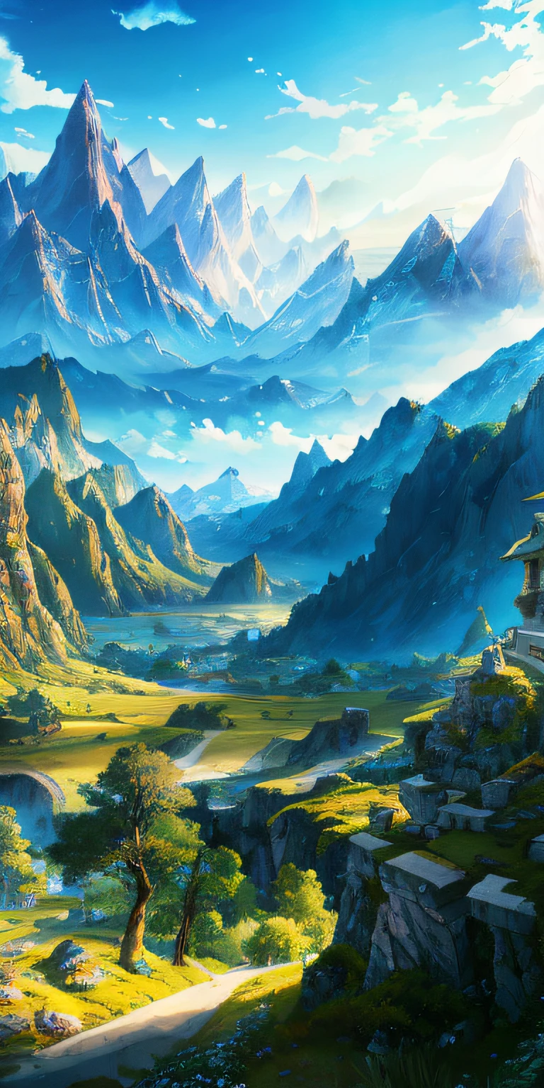 There is a beautiful mountain view, impressive fantasy landscape, anime nature, detailed scenery - width 672, majestic natural scenery, anime landscape wallpaper, epic beautiful scenery, epic fantastic fantasy landscape, anime landscape, amazing landscape, most epic landscape, anime nature wallpaper, made of trees and fantasy valley, detailed landscape