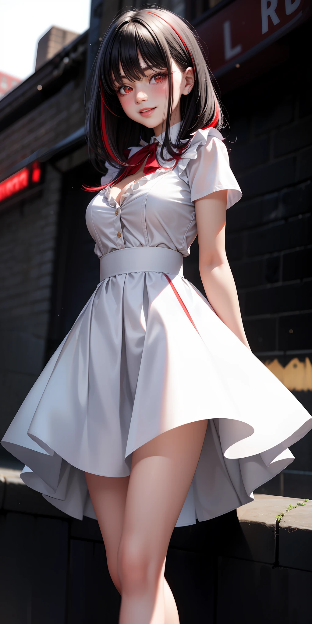 Realistic, girl single, black hair with red and white highlights, red eyes, shining eyes, white ruffled shirt, skirt, parted lips, blush, london city, sunlight, white skirt, short skirt, medium length hair, realistic, warm color, cleavage, white clothes, light background color, daytime environment, bright color background, cute, smile, perfect person,