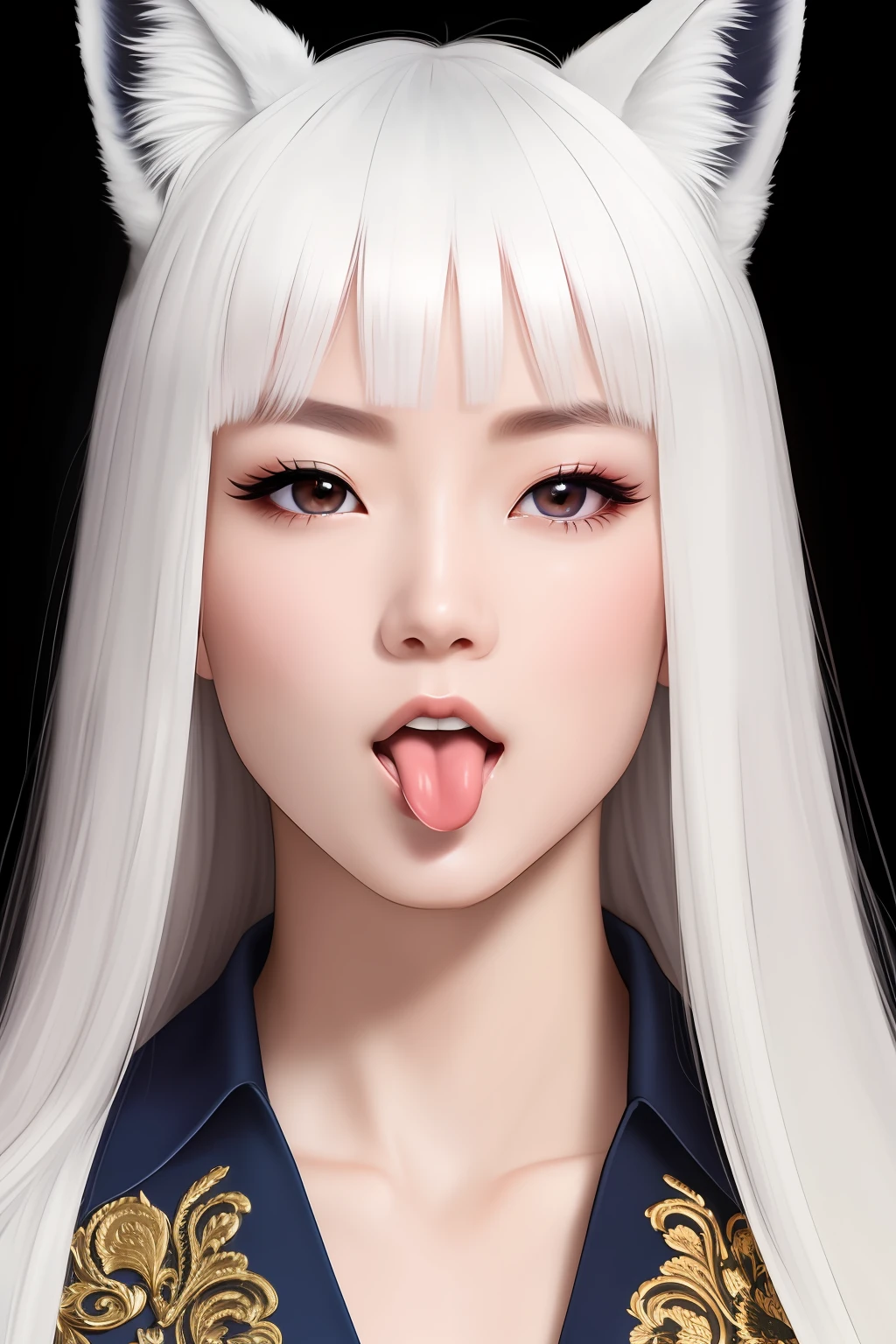 , (masterpiece, ultra quality, high resolution, 8k, intricate: 1.2), (detailed face: 1.2), beautiful, young Chinese, white skin, double eyelids, detailed skin, 1 boy, ((realistic)), abs, good lighting quality, muscle veins, ((pale skin)), flexing, (tongue out and mouth open: 1.2), (eyes raised: 1.3), (tongue drooling: 1.5), sensual face, big ass, fox head
