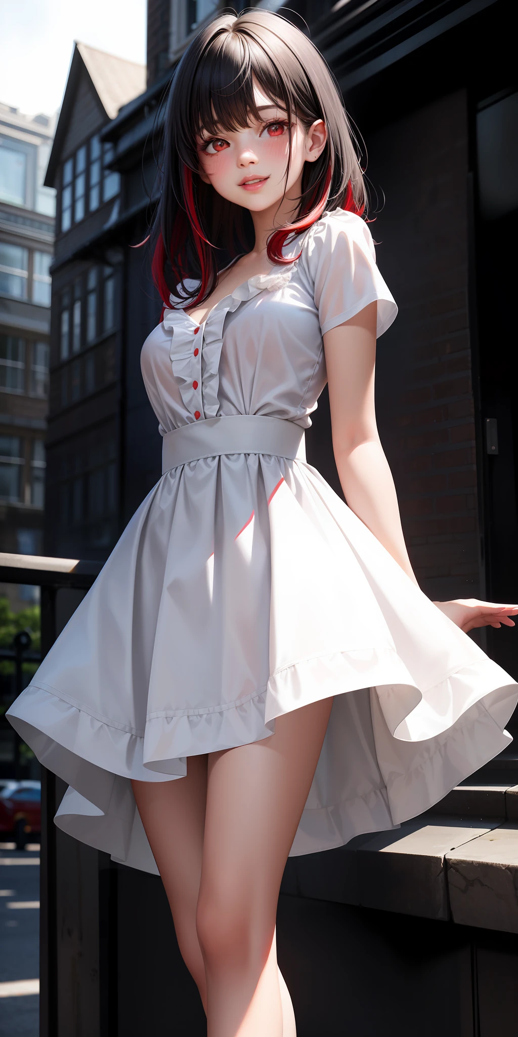 Realistic, girl single, black hair with red and white highlights, red eyes, shining eyes, white ruffled shirt, skirt, parted lips, blush, london city, sunlight, white skirt, short skirt, medium length hair, realistic, warm color, cleavage, white clothes, light background color, daytime environment, bright color background, cute, smile, perfect person,