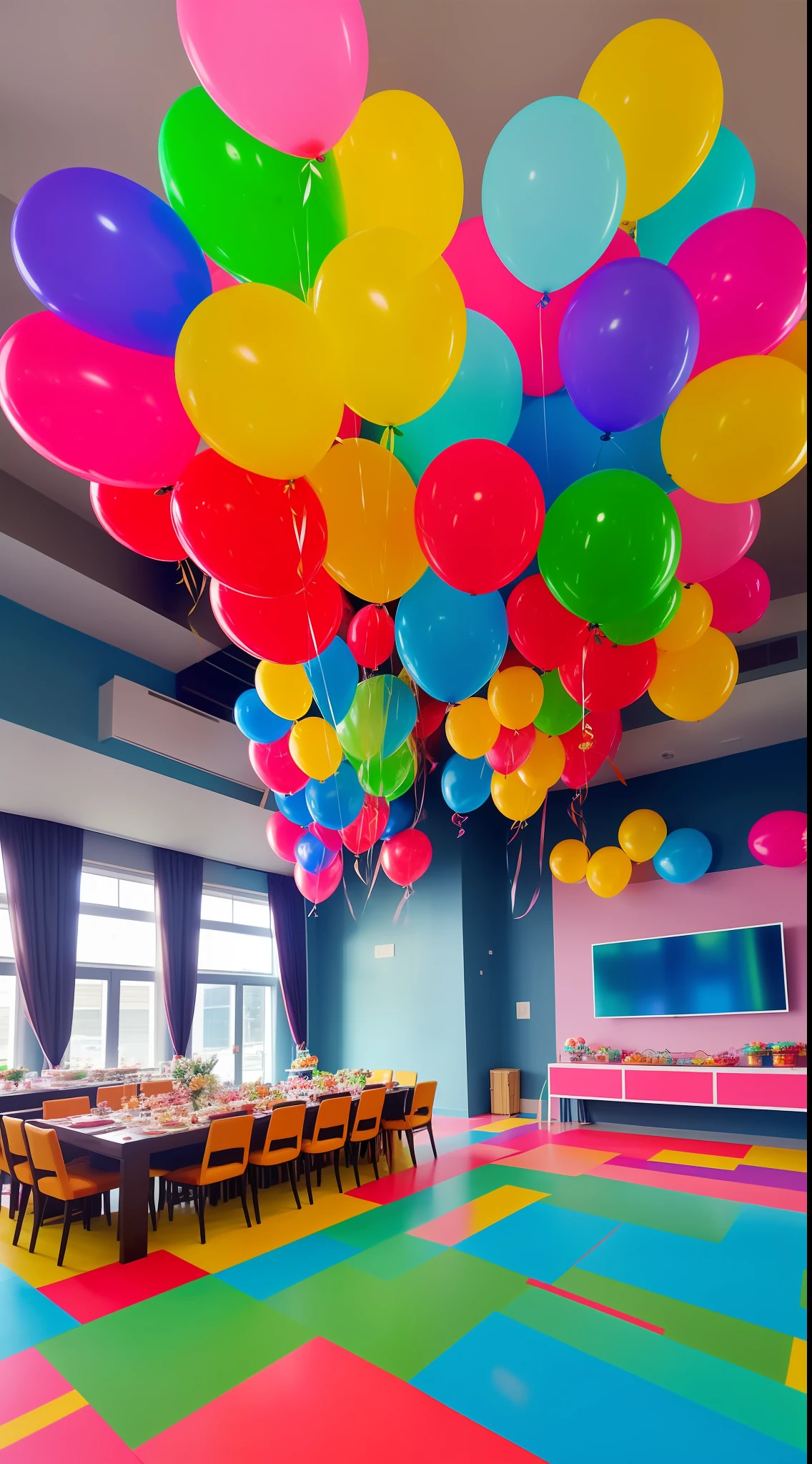Generate a detailed image of a huge empty room decorated for a party, with balloons, streamers, and an untouched buffet. In style of Yoji Shinkawa and Hyung-tae Kim, trending on ArtStation, Greg Rutkowski, dark fantasy, great composition, concept art, highly detailed, a detailed image of an empty room decorated for a party, with balloons, streamers, and an untouched buffet. Trending on Artstation. Colorful. Digital a detailed image of an empty room decorated for a party, with balloons, streamers, and an untouched buffet. We hear screams livin on the street below, Cyril Roland, Marc Simonetti, and Donato Giancola. Trending on artstation, cinematic lighting from interrogation, 4k, hyper realism, octane render, 8k, depth of field, 3D