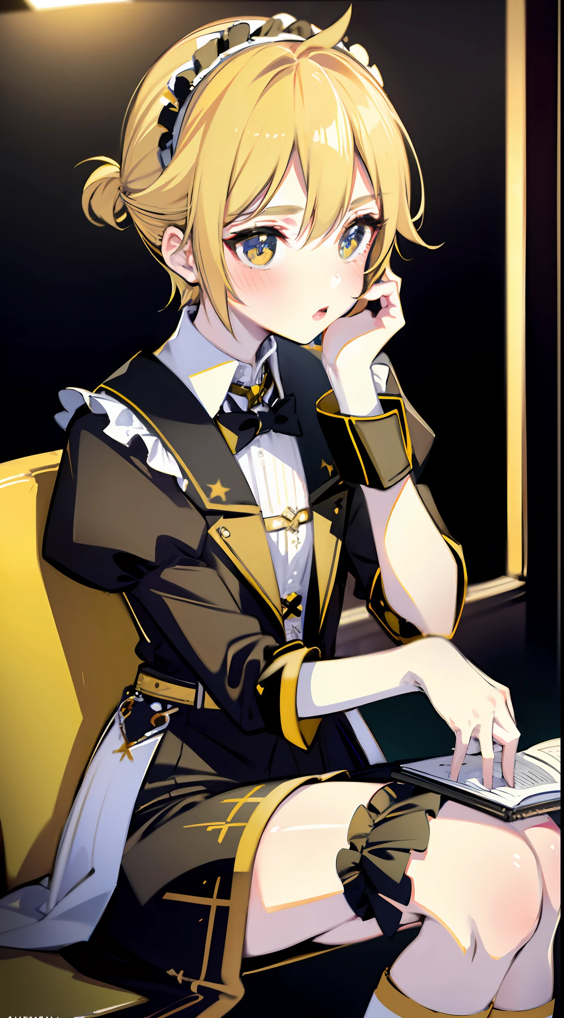 1boy, pale skin, young, Gothic_lolita, yellow stockings, small waist, wide thighs, thigh gap, sitting on the ground, blush, side view, close up, realistic, masterpiece, high resolution, super detailed, 16k, femboy, mirror tone link, blonde, kagamine_len