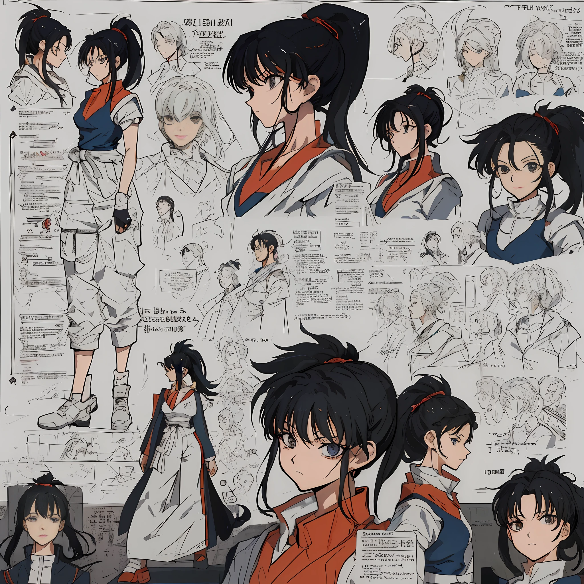 (Masterpiece), (Best Quality), (Super Detail),(Illustration), Character Sheet, Female, Black Hair, Ponytail Hair, by Yoshihiro Togashi