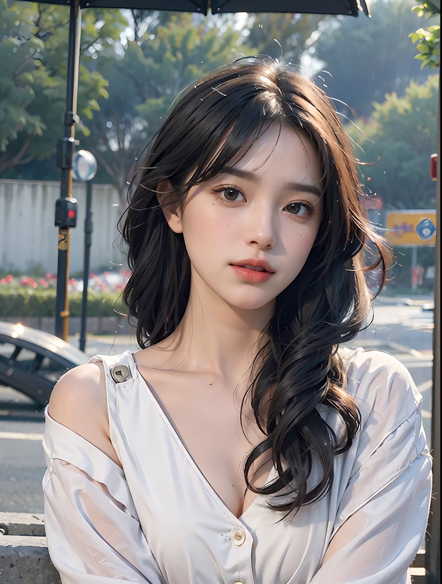 Random posture, mix4,(8k, RAW photo, best quality, masterpiece:1.2), (realistic, photo-realistic:1.37),1girl,cute,cityscape, night, rain, wet, professional lighting, photon mapping, radiosity, physically-based rendering,, gradient black colour hair,, White hair, short curly hair, handsome, girl, white ball suit, top quality picture, high resolution, 1080p, (clear face), (detailed facial description), (detailed hand description), (masterpiece), (exquisite CG), extreme light and shadow, messy hair, master's work, rich details, (fine facial features), (highest quality picture), (masterpiece), (detailed eyes),Look ahead with your eyes,Fine collarbone