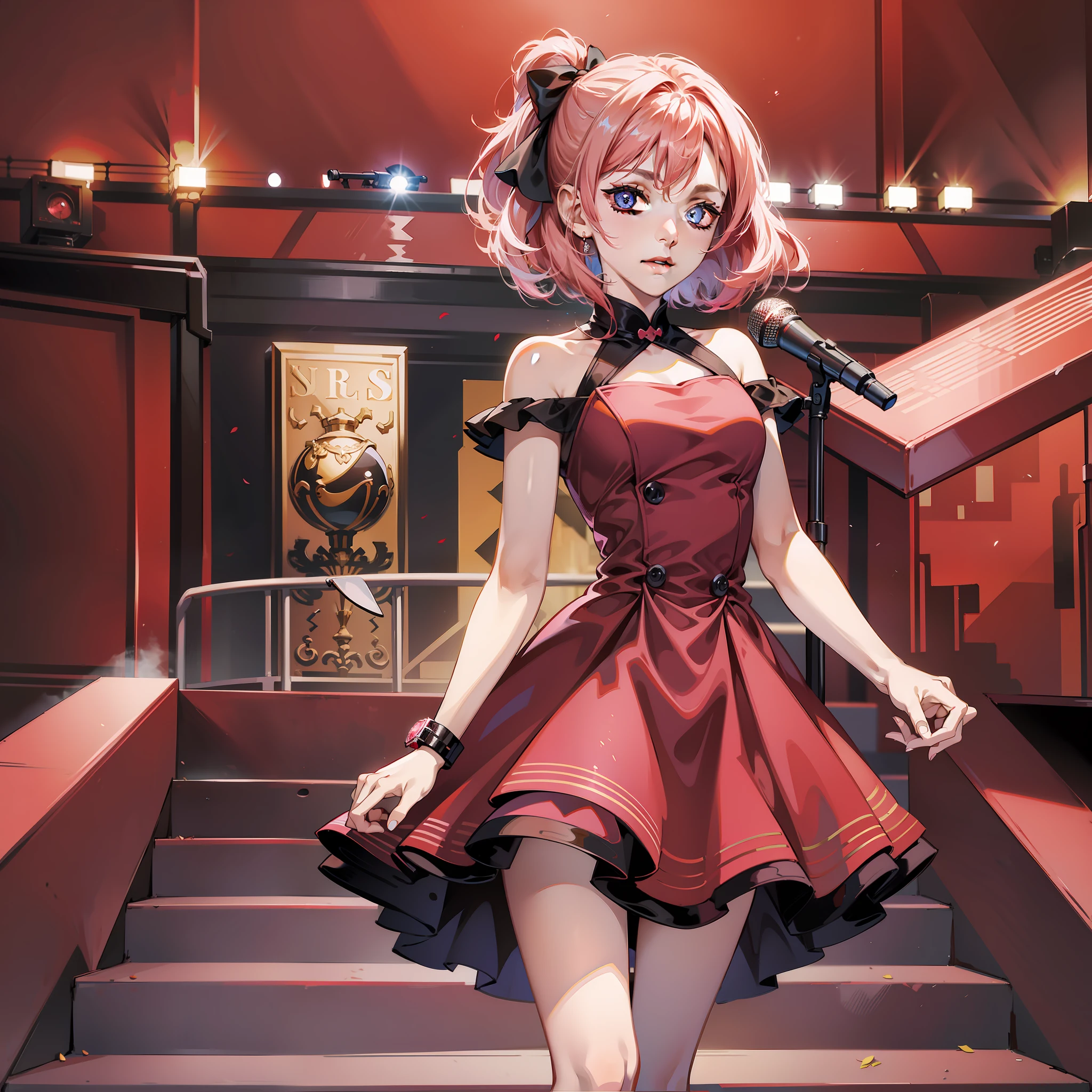 Girl, fine eyes, wearing red dress, stage staircase background, pink hair, vista, speech movements, holding microphone