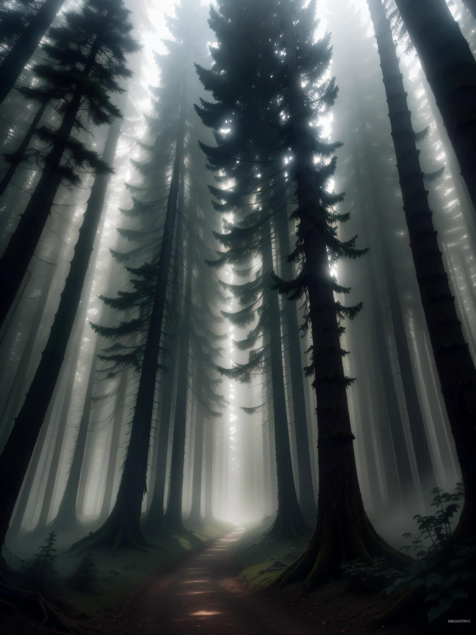 Looking straight ahead in the dark forest, the forest was shrouded in fog and there was a faint light at the end