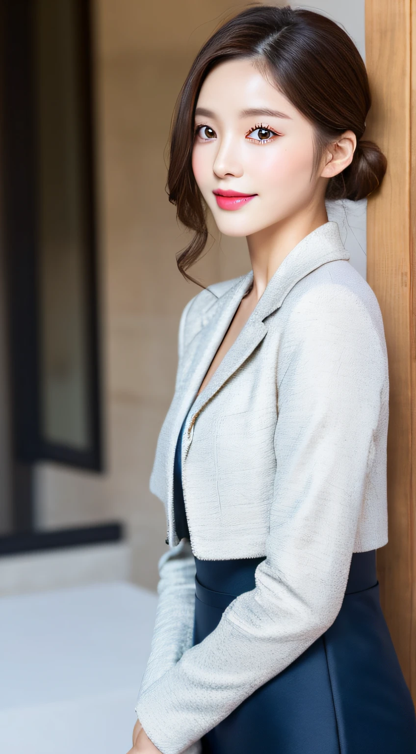 (A Korean woman), 1girl, realism, ((best quality, 8k, masterpiece: 1.3)), Nikon camera, camera aperture F1.2, photo texture, soft light, fine skin texture, fine fabric texture, fine eyelashes, long eyelashes, an elegant dress, such as a black or dark blue slim dress, paired with a pair of mid-heeled heels, can enhance the temperament. Wear it with a simple cropped jacket for added layers and professionalism. With a simple and elegant handbag, it looks more decent. Hairstyle can choose simple and neat low ponytail or smart middle straight hair, hair color should choose natural brown or black, skin tone should choose natural base makeup, with light color eyeshadow and lipstick, look more decent and delicate, (snow white skin), whiten skin, smile