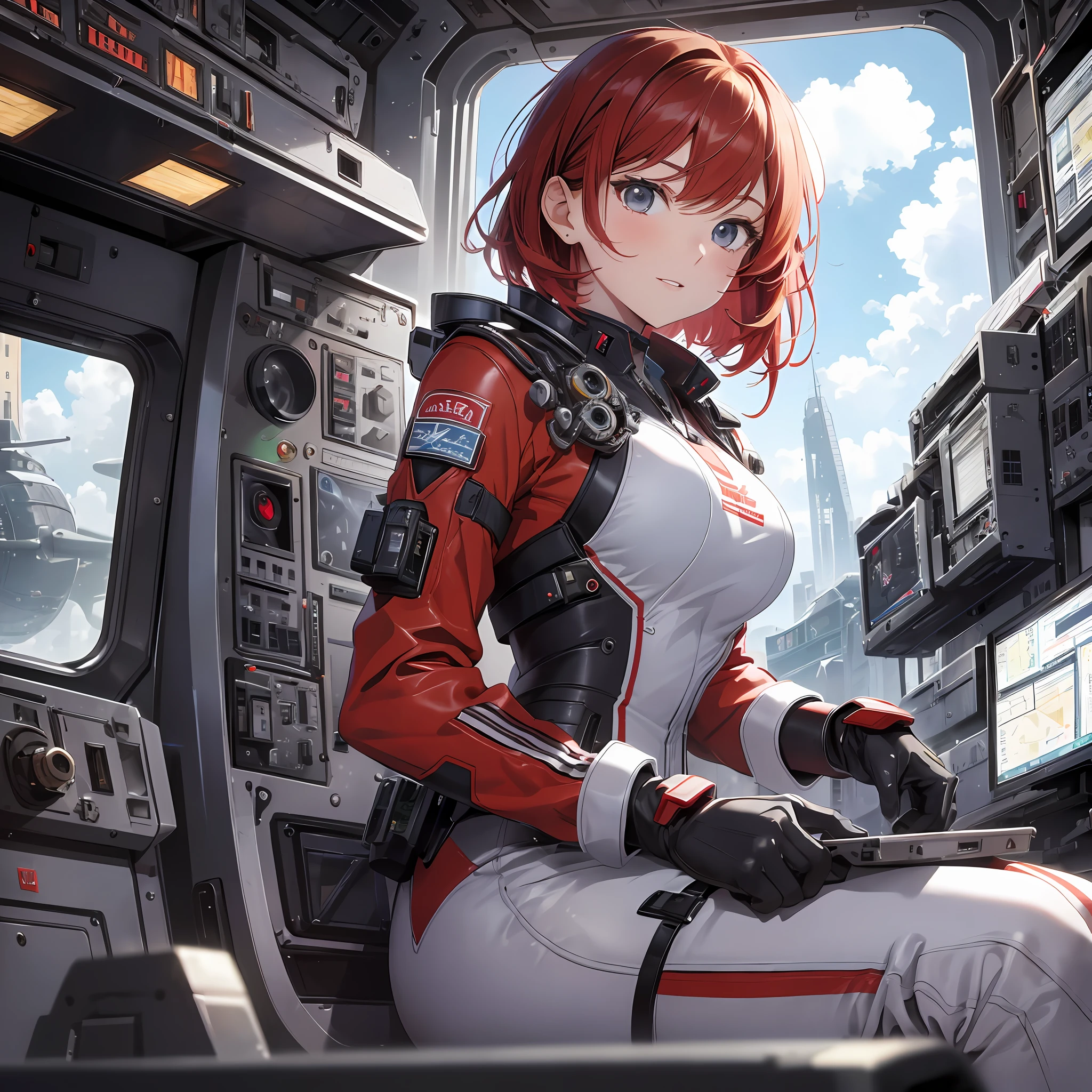 Absurd resolution, high resolution, (masterpiece: 1.4), hyper-detail, 1 young woman, short red hair, pilot suit, rich princess, sitting in an extremely narrow closed mech control room, expression excited, sky, operation
