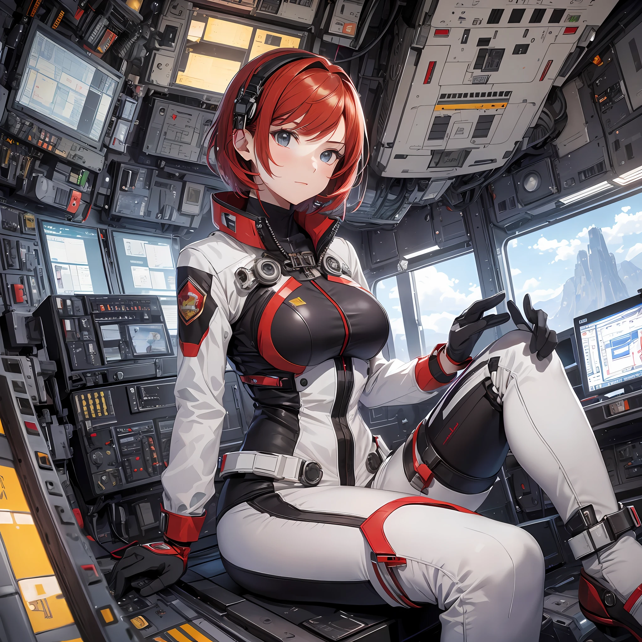 Absurd resolution, high resolution, (masterpiece: 1.4), hyper-detail, 1 young woman, short red hair, pilot suit, rich princess, sitting in an extremely narrow closed mech control room, expression excited, sky, operation