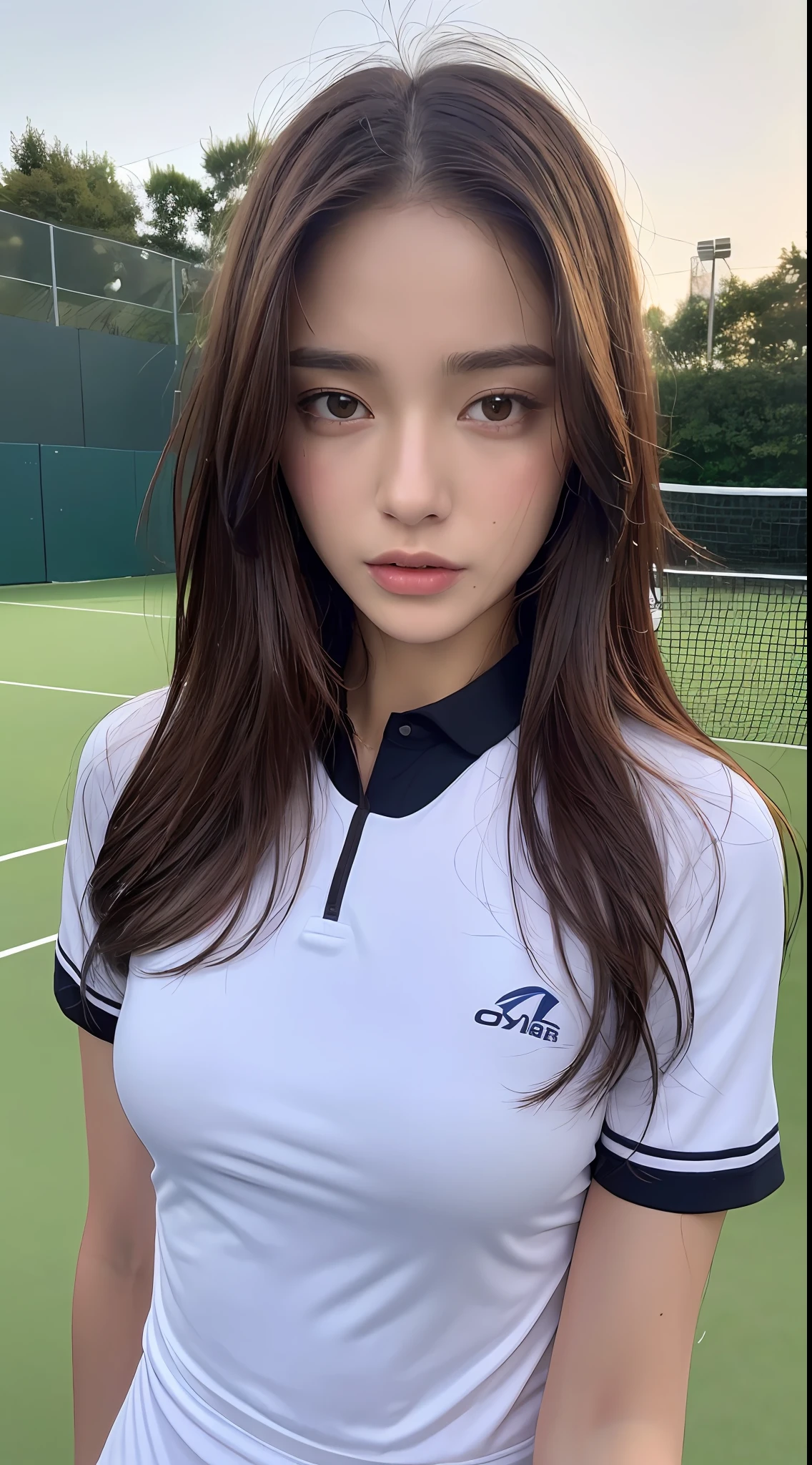 ((Top Quality, 8k, Masterpiece: 1.3)), Beautiful Woman, 1 Woman, Colossal: 1.3, Slender Figure: 1.1, Toned Abs, Dark Brown Hair, (Tennis, Wet Body, Tennis Uniform: 1.1), Ultra Detailed Face, Detailed Lips, Detailed Eyes, Double Eyelids, Tennis Court