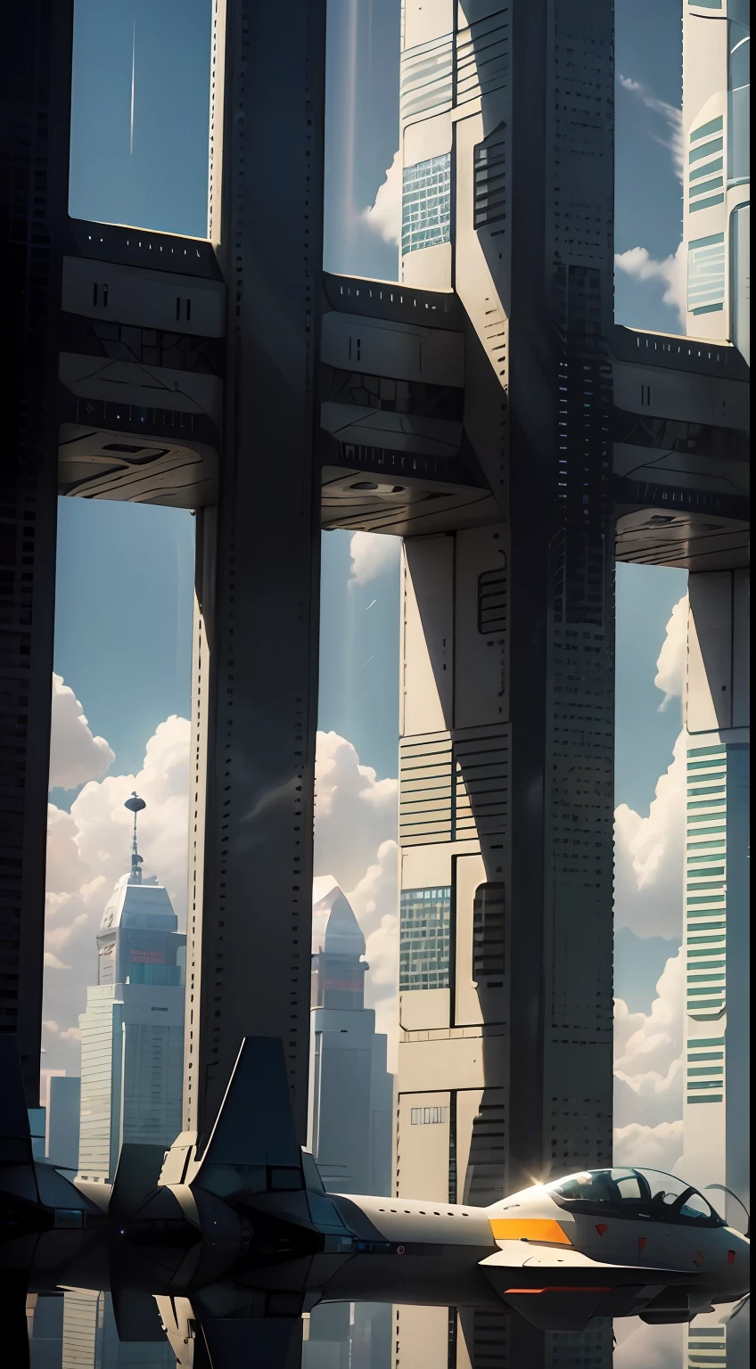 Describe a scene of a high-tech city on Planet New Hope. The city is full of stunning high-tech buildings with a futuristic atmosphere around every corner. People shuttle through super-high-speed elevators, and vehicles are suspended flying machines. The city's landscape is covered by tall glass curtain walls, through which sunlight spills in and reflects a colorful glow.