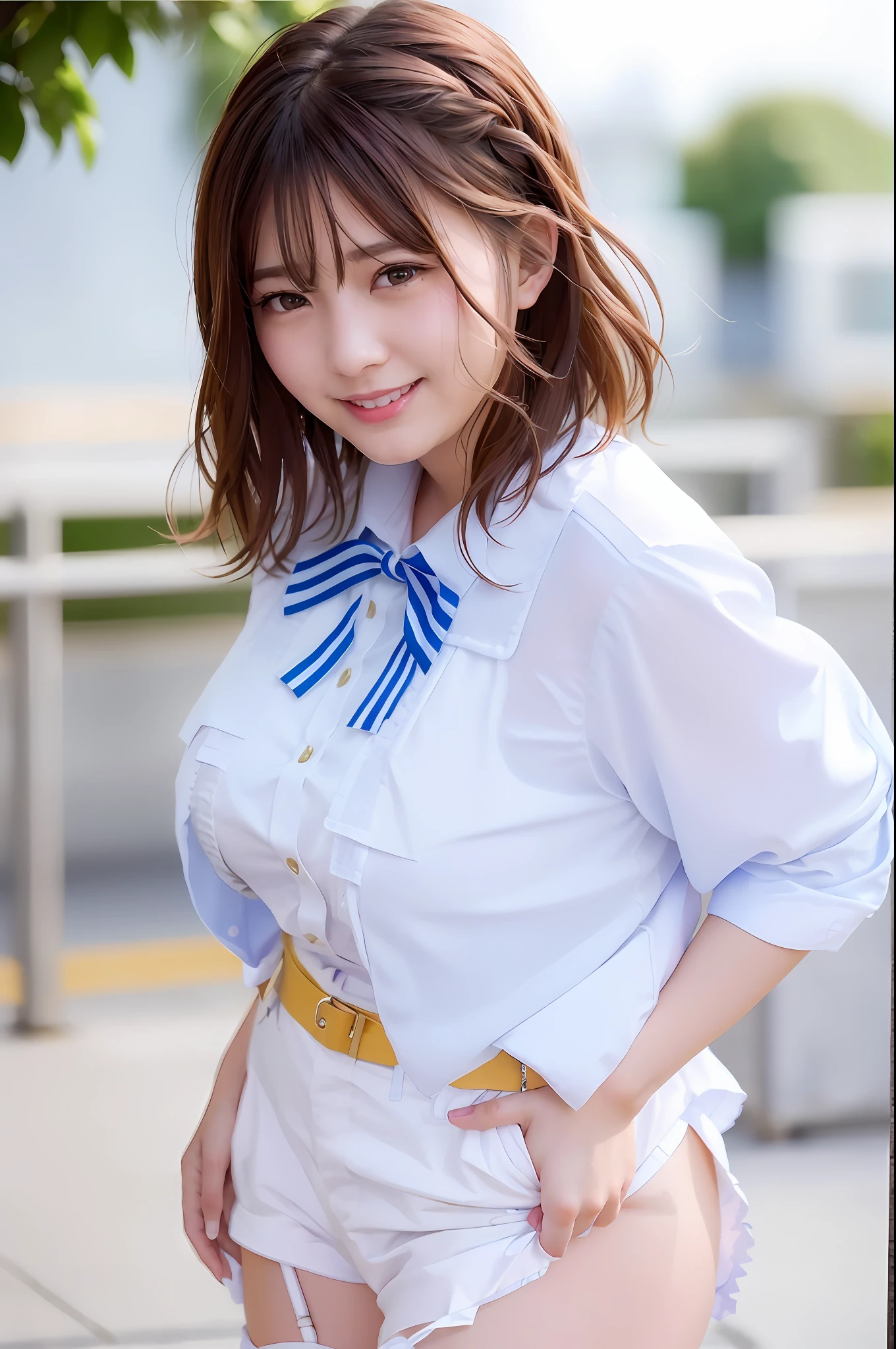 (skin spots: 1.2), (skin dentation), Black eyes, 1 female, 25 years old, ((((Female))), Solo, Real, Best Quality, Photorealistic, Masterpiece, 8K, High Resolution, Solo, Very Detailed Face, (Professional Lighting, Bokeh), (Light Particle, Lens Flare, Luminous Particle: 0.6), (Dynamic Pause: 1.2), Soft Lighting, Top Angle View, fashionable and trendy, Japan, street, urban, Tokyo, Minato, (daytime)), sky, ((view viewer:1)), (look at camera), (portrait: 0.6), cowboy shot, gorgeous, standing, keep original facial proportions, wide shoulders, full body, (big breasts), (short hair), brown hair, floating hair, lips, lipstick, seductive smile, floating hair, smile, open_mouth, teeth, eyelashes, moles, (moles under the eyes: 1), plump body, plump breasts, ripping breasts, big breasts, uniform, miniskirt, hairstyle, braiding, , garter stockings, garter belt, stood, office