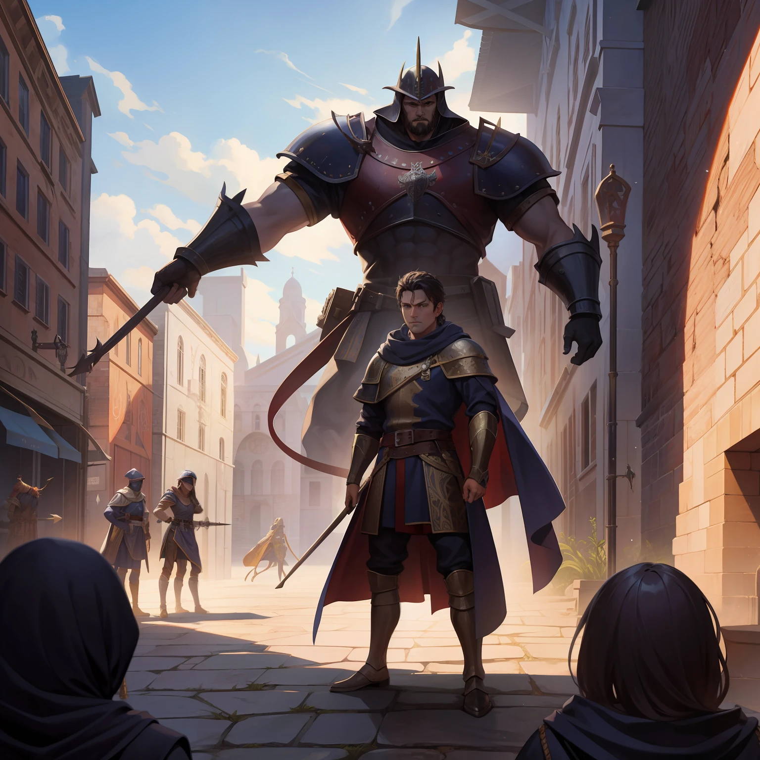 Gladiator standing in front of the wall of a medieval city being attacked by demonic giants