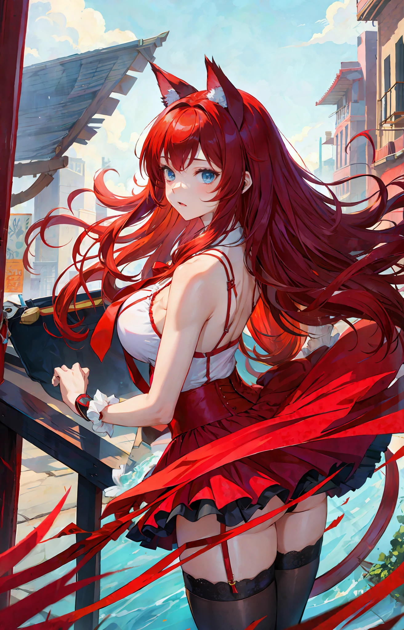 Anime-style girl, long red hair, disheveled hair, hanging eyes, black headband, holding sword, bare shoulders, delicate and sexy collarbone
