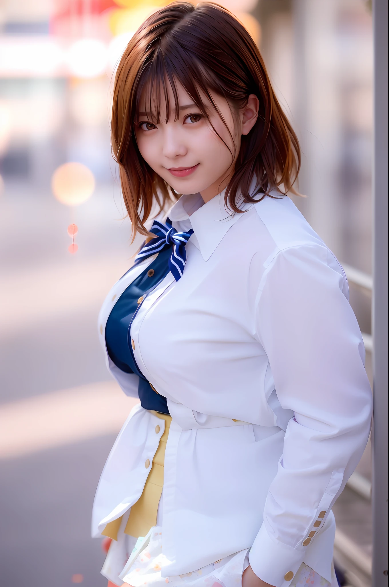 (skin spots: 1.2), (skin dentation), Black eyes, 1 female, 25 years old, ((((Female))), Solo, Real, Best Quality, Photorealistic, Masterpiece, 8K, High Resolution, Solo, Very Detailed Face, (Professional Lighting, Bokeh), (Light Particle, Lens Flare, Luminous Particle: 0.6), (Dynamic Pause: 1.2), Soft Lighting, Top Angle View, fashionable and trendy, Japan, street, urban, Tokyo, Minato, (daytime)), sky, ((view viewer:1)), (look at camera), (portrait: 0.6), cowboy shot, gorgeous, standing, keep original facial proportions, wide shoulders, full body, (big breasts), (short hair), brown hair, floating hair, lips, lipstick, seductive smile, floating hair, smile, open_mouth, teeth, eyelashes, moles, (moles under the eyes: 1), plump body, plump breasts, ripping breasts, big breasts, uniform, miniskirt, hairstyle, braiding, , garter stockings, garter belt, stood, office