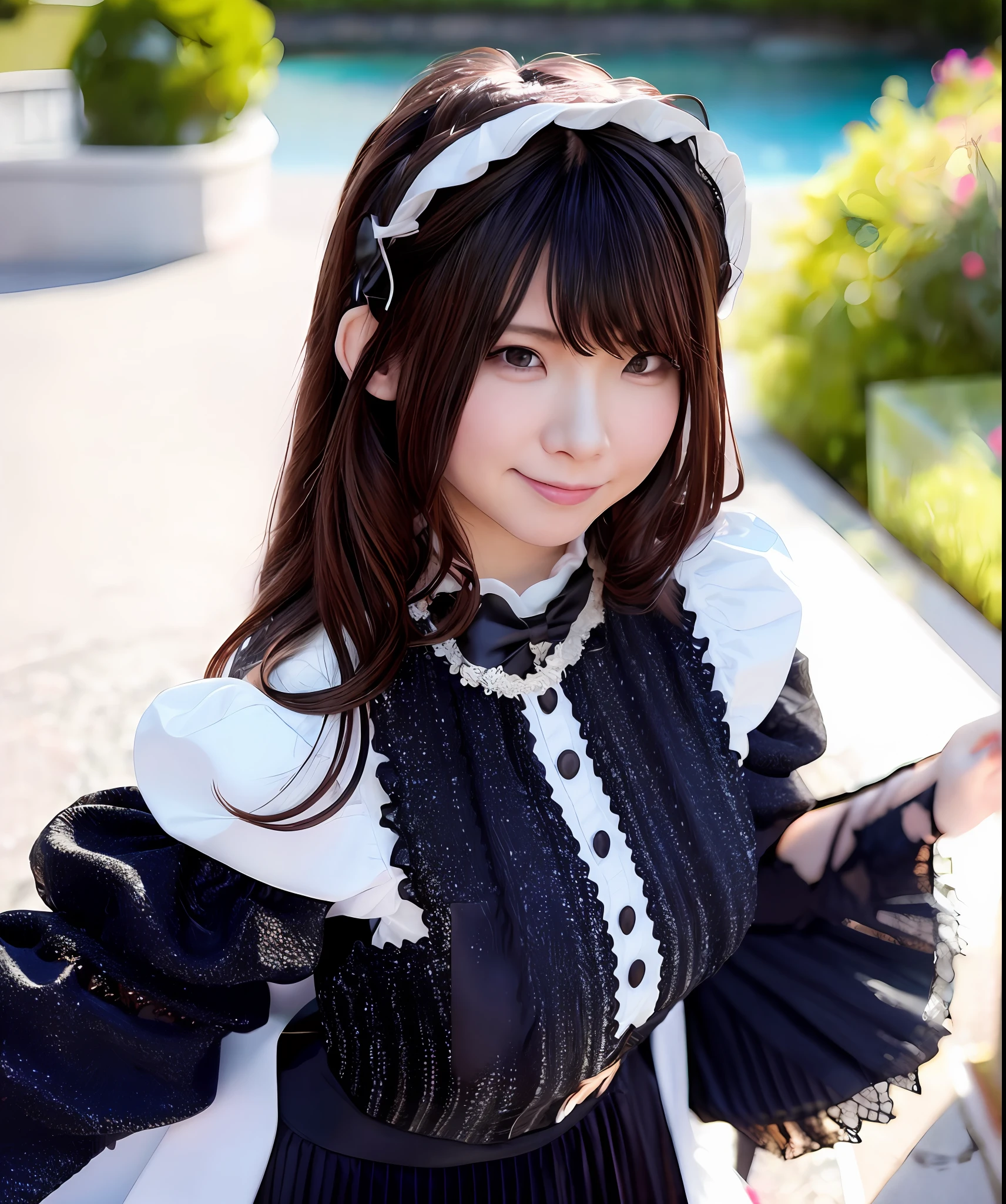 8K, Top Quality, Masterpiece: 1.2), (Realistic, Photorealistic: 1.37), Super Detail, Single Girl, Cute, Solo, Full Body, (Blush), (Smile: 1.15), (Mouth Closed), (Big Breasted: 1.5), Gothic Lolita, Black Dress, Long Sleeve, Ruffles, Long Skirt, Hair Ribbon, Fine Beauty Eye, Long Hair: 1.2) , Princess Cut, Floating Hair Nova Frog Style, Contrapposto, Outdoor,EUROPE,