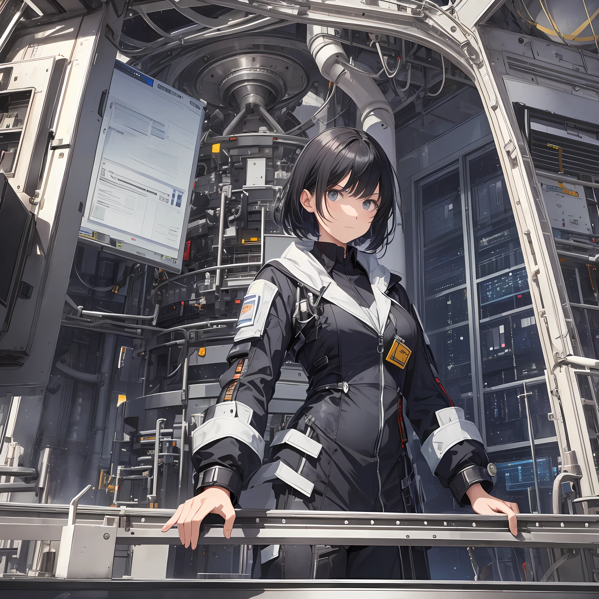Technician dressed as a black-haired young woman with a serious expression, the background is a large scientific observatory with many large screens and staff