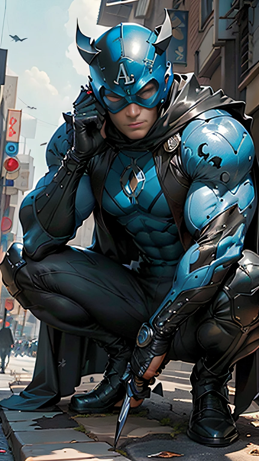 We can see a full-body frontal view of two shoes: 1.5, handsome face: 1.5, one character :1.2, (((best quality))),(((ultra detailed))),(((masterpiece))),illustration,A highly creative illustration depicting a hybrid of DC character Blue Beetle and Marvel character Daredevil. The character retains Blue Beetle's leather gear and beetle-shaped mask, but the helmet displays Daredevil's bat symbol. His body exudes fluid lines and muscle definition, dressed in black leather gear and Daredevil's cloak, holding Daredevil's iconic billy clubs. His eyes are seen through the mask's eye holes, but with Daredevil's shadowy power shining through. The entire body exudes an incredible aura of mystery. Full shot body photo of the most beautiful artwork in the world featuring creative hybrid of Blue Beetle and Daredevil, photorealistic, intricate, detailed, sharp focus, dramatic, trending on ArtStation, trending on CGSociety, by Jim Lee, John Romita Jr., or Alex Ross.