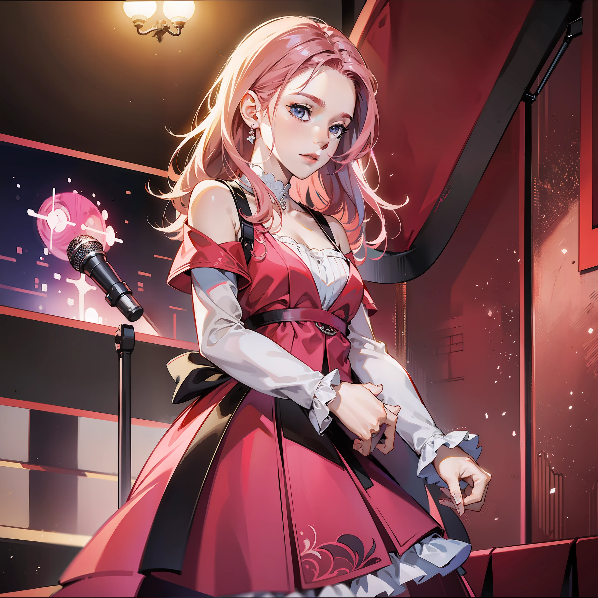 Girl, fine eyes, looking at the audience, wearing red dress, stage staircase background, pink hair, vista, speech action, holding microphone