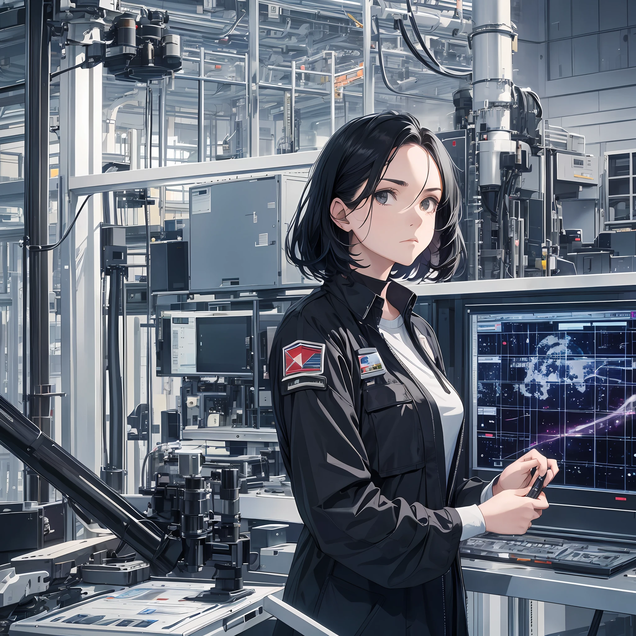 Technician dressed as a black-haired young woman with a serious expression, the background is a large scientific observatory with many large screens and staff