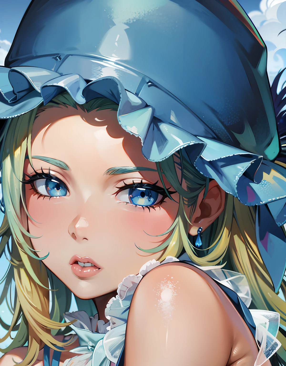 There is a young girl with a blue hat on her head, blue skin, azure eyes, light blue eyes, a portrait of a girl with blue eyes, vivid blue eyes, azure watery eyes, soft blue eyes, sakimichan, light blue eyes, light blue eyes, perfect blue eyes, blue shiny eyes, azure eyes, magazine background