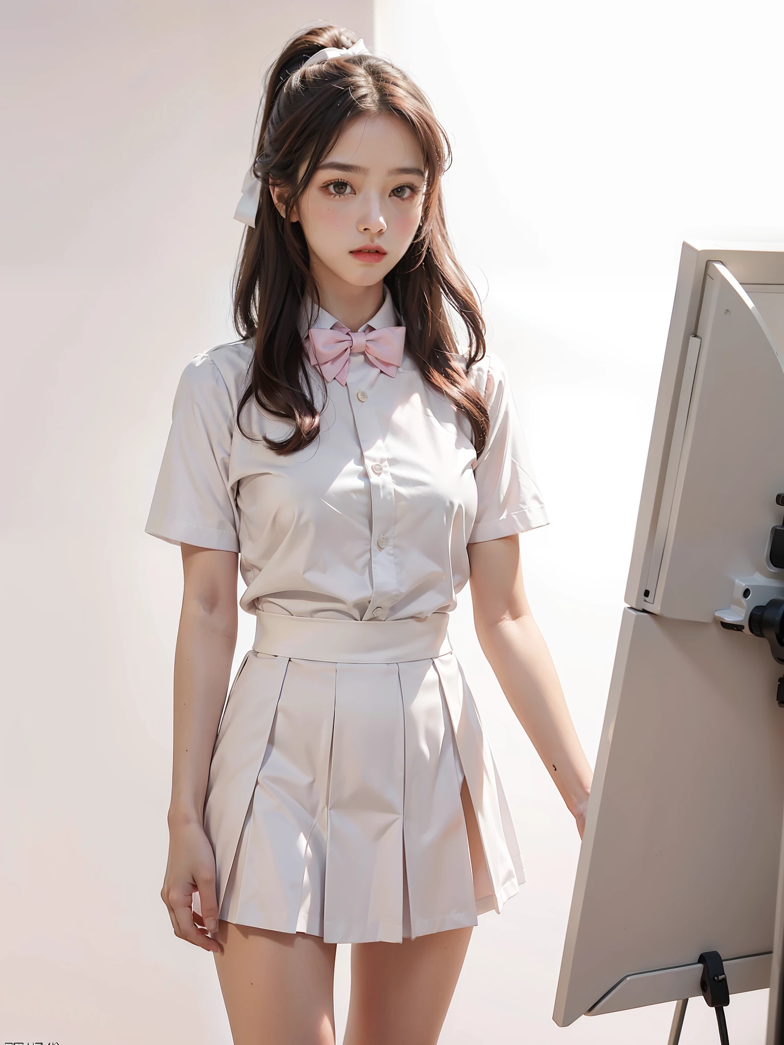 Masterpiece, Realism, ((4K, Masterpiece, Best Quality)), Masterpiece, Photo, Best Quality, Realistic, Ultra High Resolution, (Realism: 1.4), 1girl, Pure Beauty, Natural Light, High Ponytail, Brown Hair, Masterpiece, Full Body, White Shirt, Student Uniform, Pink Bow Tie, Pink Short Skirt, White Stockings, (((Monochrome Background: 1.3))), (Studio Photography Effect), Canon Camera Shot, Delicate Face, Beautiful Girl ,((random standing)),