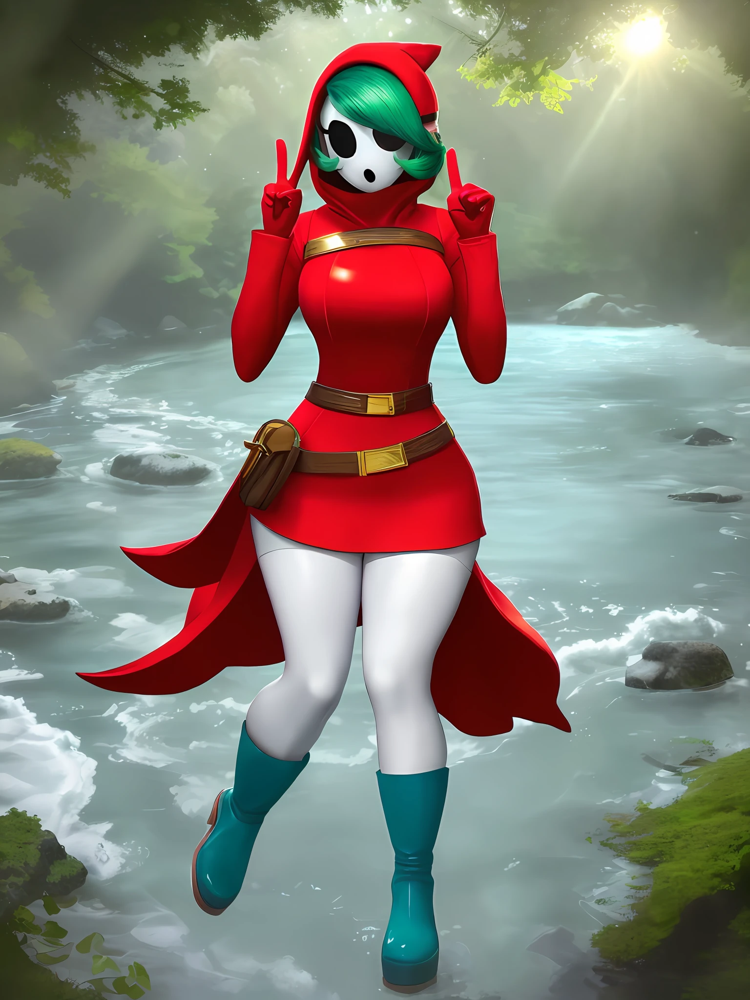 ((Best Quality, 4K, Masterpiece: 1.3)), a beautiful woman with perfect figure: 1.4, highly detailed facial and skin texture, shy guy mask on face, green hair, short red dress (mccalls m7430) and blue boots, thighhighs (white), full body, full costume, full body wide shot, (holding up peace signs: 1.2), forest, sun rays through trees, river in background