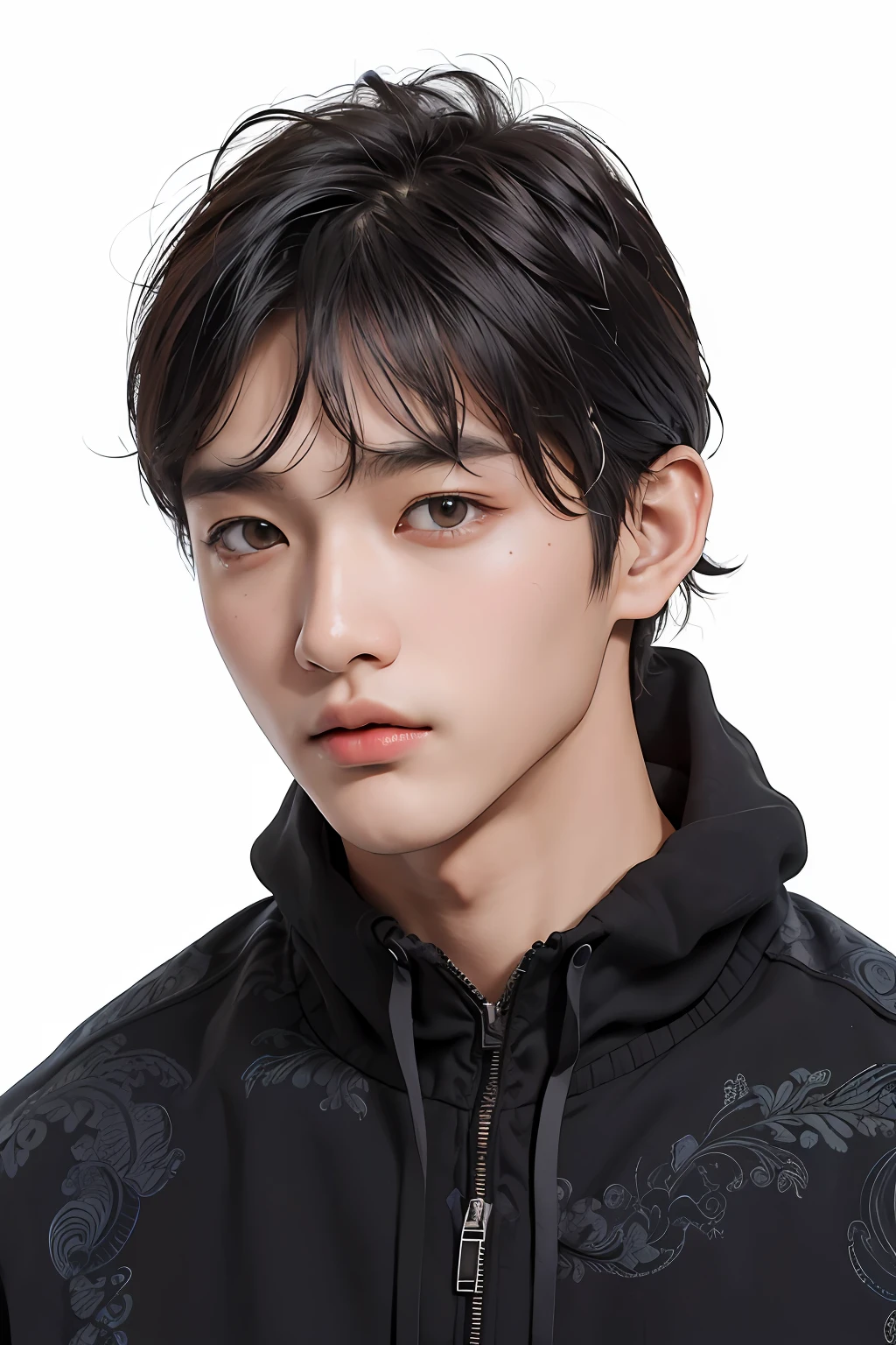 (masterpiece:1.2),(best_quality:1.4),(highres:1.1),(ultra-detailed:1.2),1 man,korean,good_shoulder,fashion_model,model_pose,(black male perm hair),(eye close-up),model,(handsome) Clear eyes,Men's Hairstyle,black eyes,