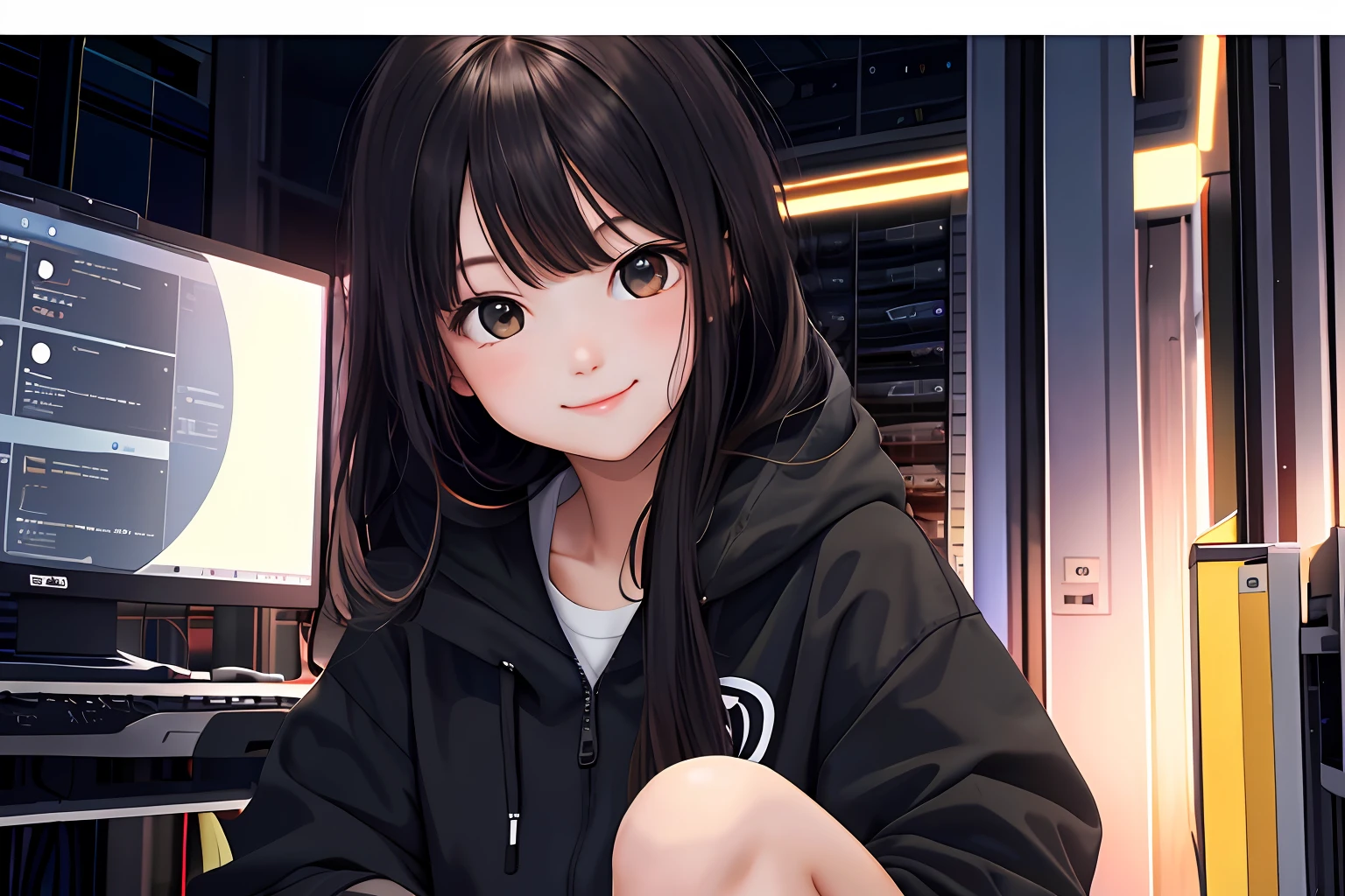 Smiling girl, dark eyes, mysteriously staring at camera, server room Best image quality