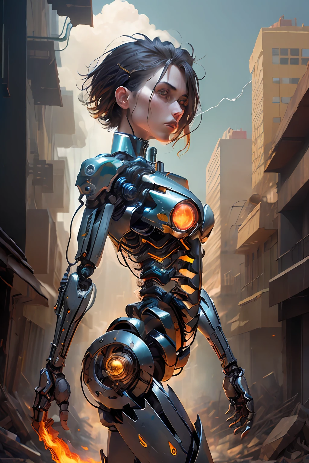 (mechanical parts:1.5),fighting , glowing eyes, short hair,torn tight supersuit, in a destroyed city, smoke and fire, glowing power aura, dynamic pose, dynamic view