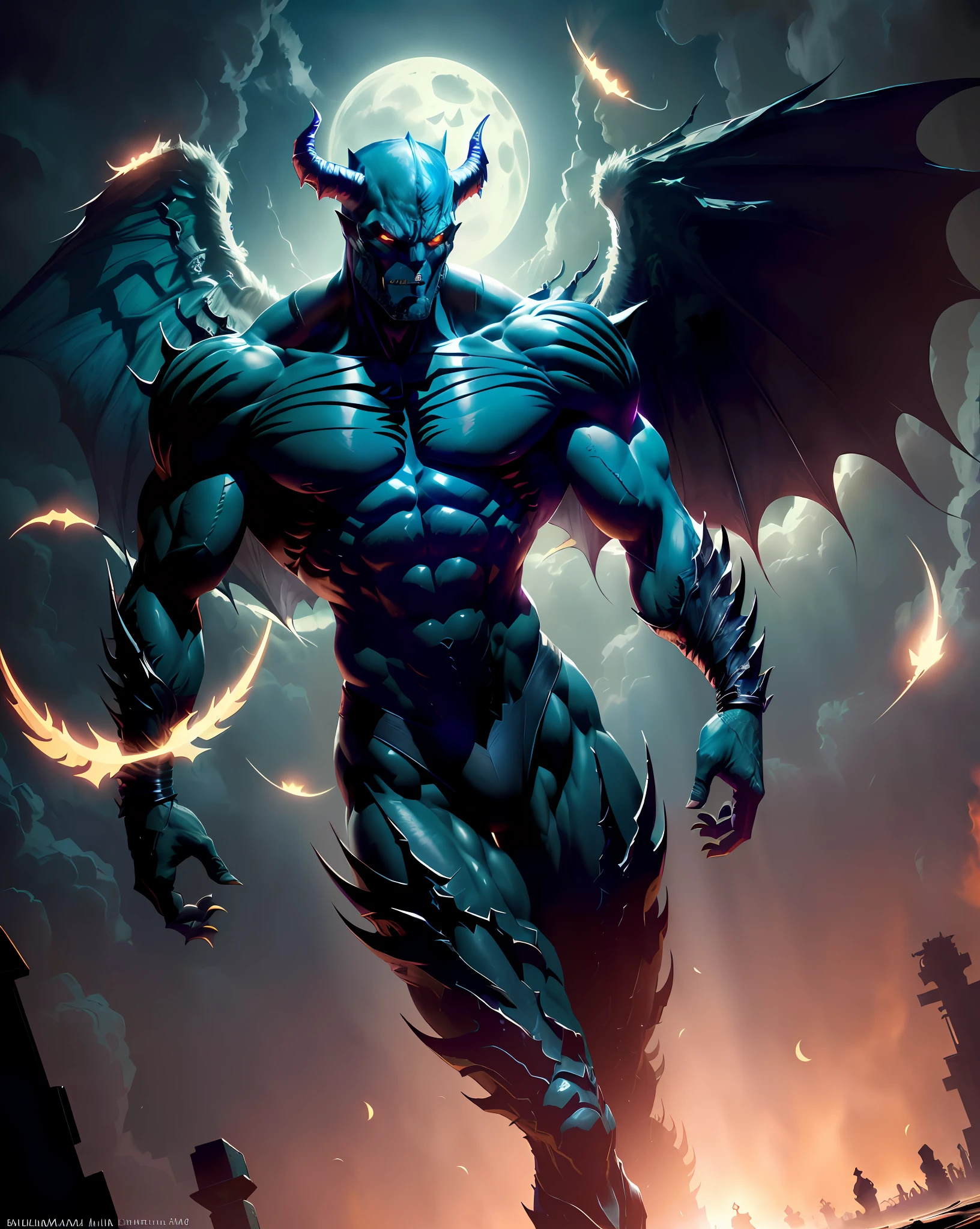 batman the dark knight by mark mc, muscled humanoid balrog demon, djinn man male demon, fit male demon with white horns, male djinn man demon hybrid, man male demon, demon lord, fat ripped satanic creature, demon male, demon soul concept art, raziel irl, style of raymond swanland, devilman, beautiful biomechanical djinn