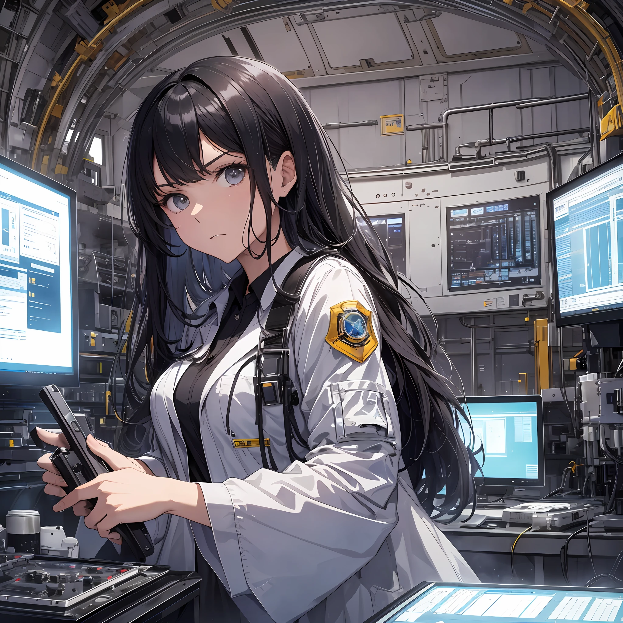 Technician dressed as a black-haired young woman with a serious expression, the background is a large scientific observatory with many large screens and staff