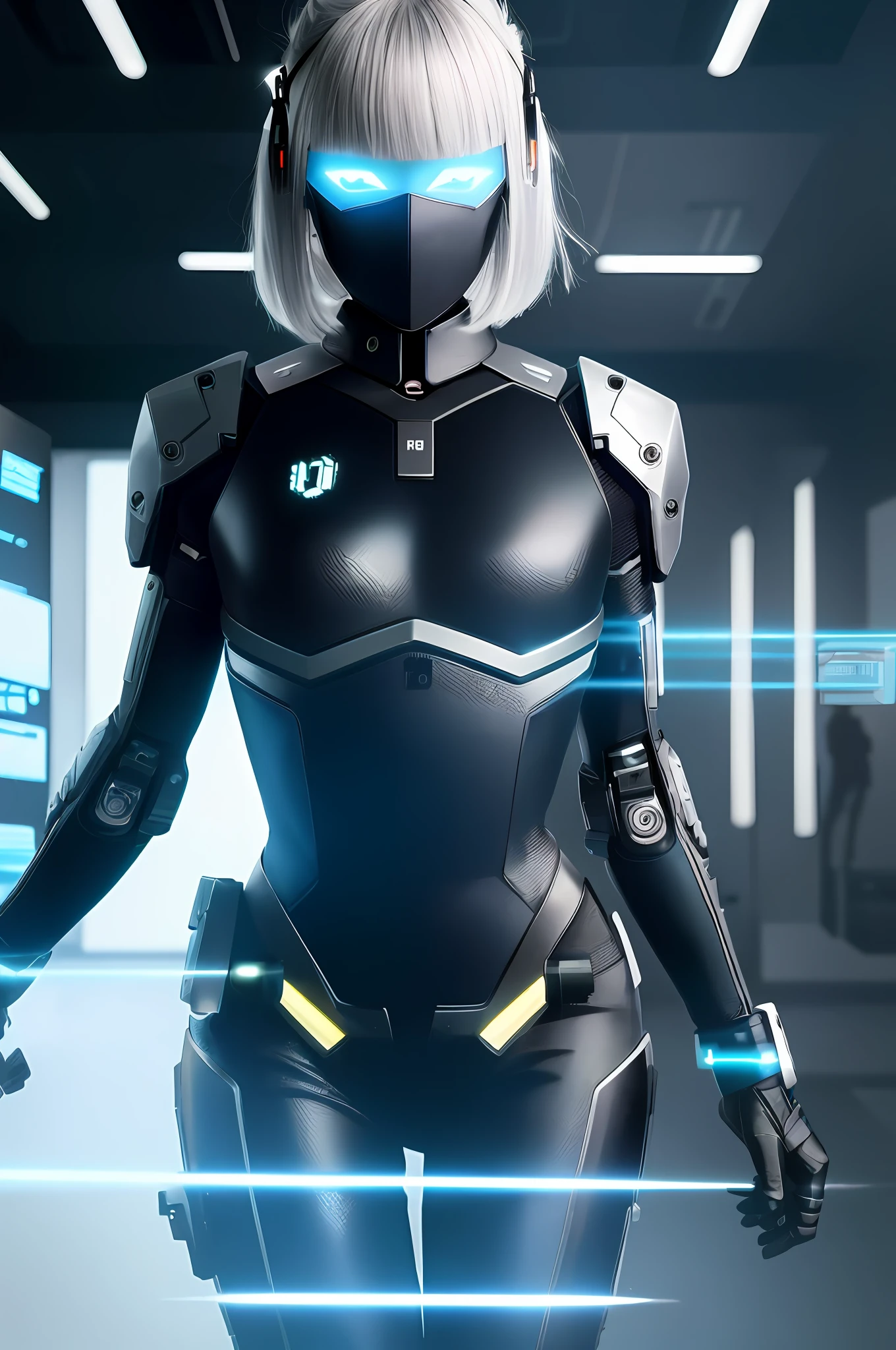 1girl, Robot Girl (solo), visor, ceramic mask, bionic eyes, kuroyu style, gray skin, facial implants, bionic armor, metal bones, steel and titanium leather, bionic face, mechanical joints, hard circle eyes, extremely detailed full-body armor, jet engines, dark dynamic background, glowing eyes, cyberpunk style, glowing aura), dynamic pose, android girl, cyberpunk, computer crash, holograms, hacking,  absurd, in a hyper-detailed room full of computers and computer screens, (best quality), digital illustration of the cyber dead,