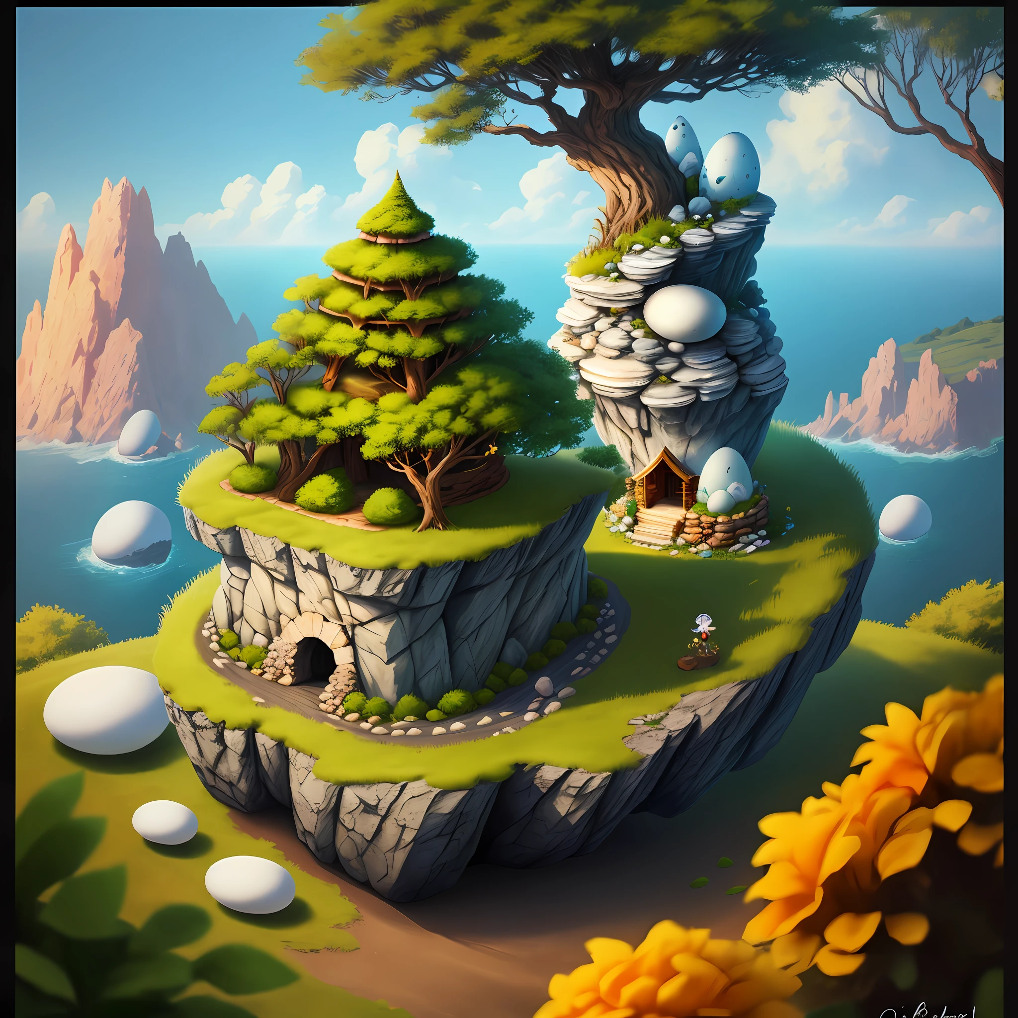 High detail, clarity, 8kk, rock, nest on top, eggs, fire, fantasy