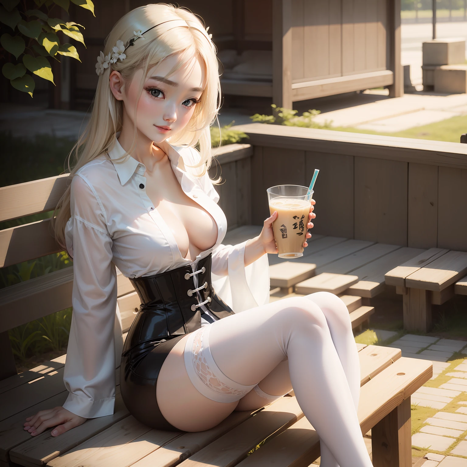 Woman sitting on bench, Korean girl, touch her clothes, revealing clothes, faint milky porcelain skin, gorgeous Chinese model, open V corset, sexy girl, smooth translucent white skin, open shirt, pale snow white skin, Asian girl, Japanese model, smooth white tights suit, wearing shirt, Japanese goddess, smiling, full body, holding a cup of milk tea in left hand with a straw,