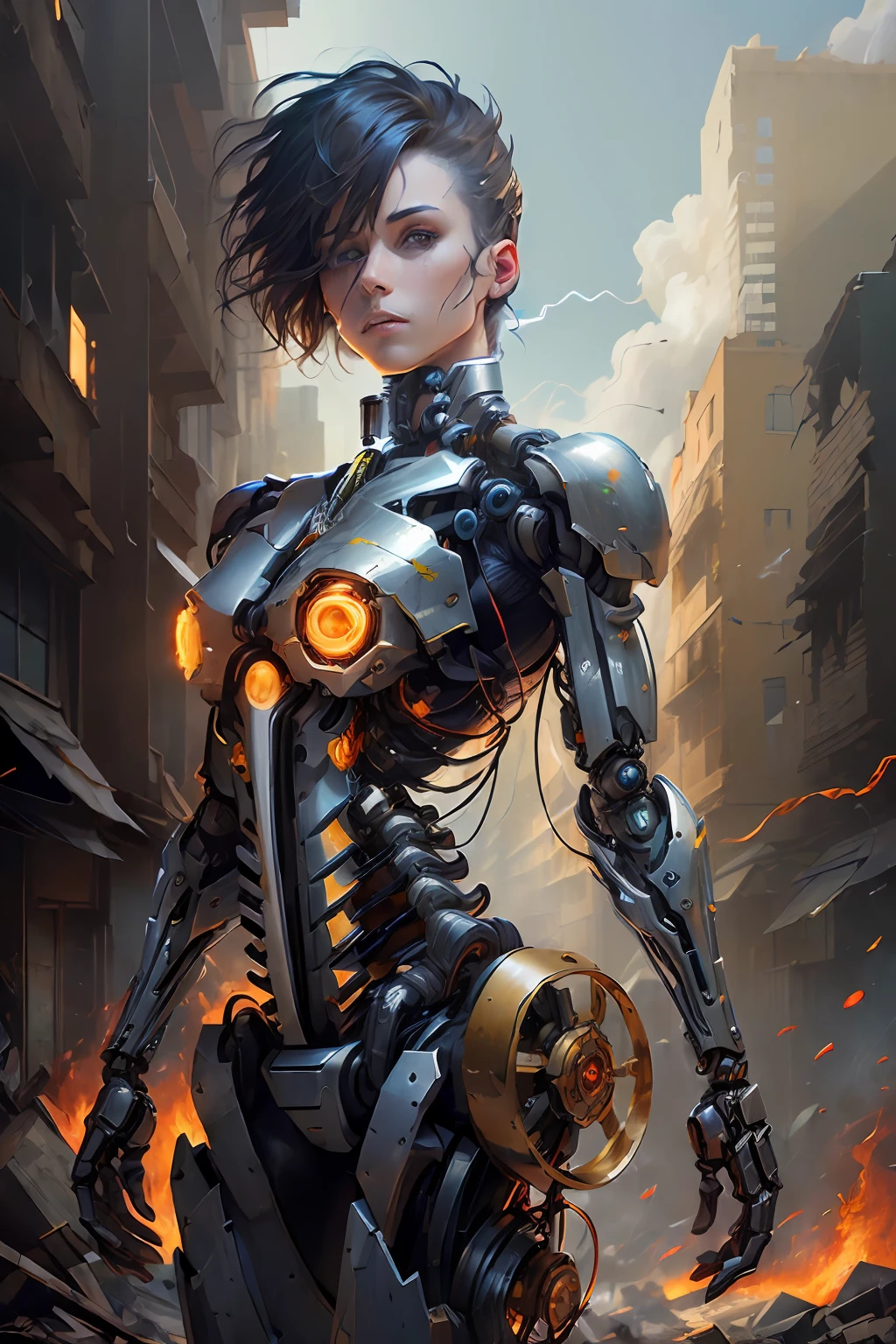 (mechanical parts:1.5),fighting , glowing eyes, short hair,torn tight supersuit, in a destroyed city, smoke and fire, glowing power aura, dynamic pose, dynamic view