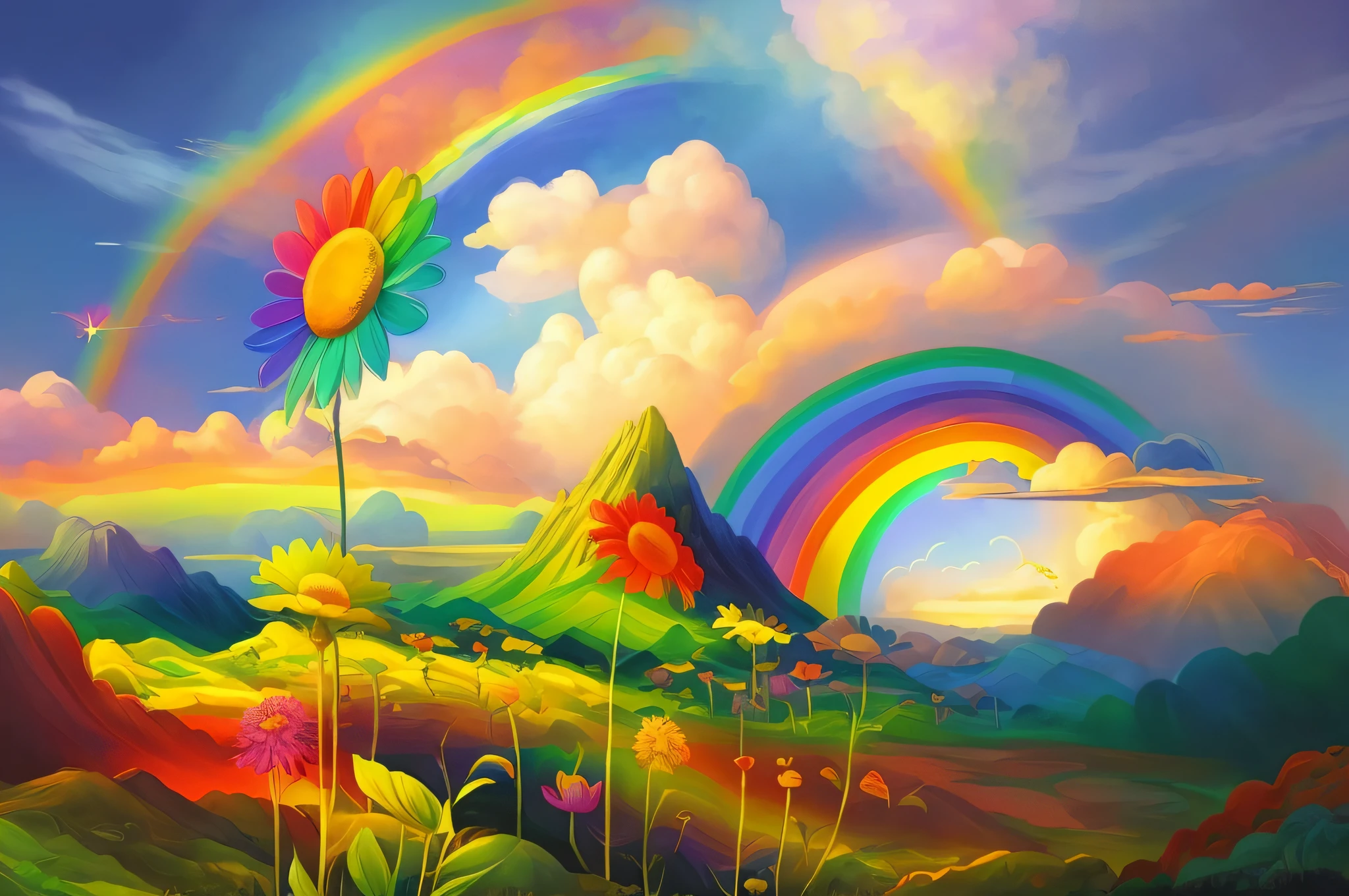 there is a painting of a mountain with a rainbow in the sky, whimsical fantasy landscape art, mythical floral hills, a beautiful artwork illustration, beautiful digital painting, intricate rainbow environment, magical landscape, rainbow bg, a beautiful landscape, beautiful art uhd 4 k, field of fantasy flowers, beatiful mountain background, ethereal rainbows, heavenly landscape, fantasy landscape, extraordinary colorful landscape